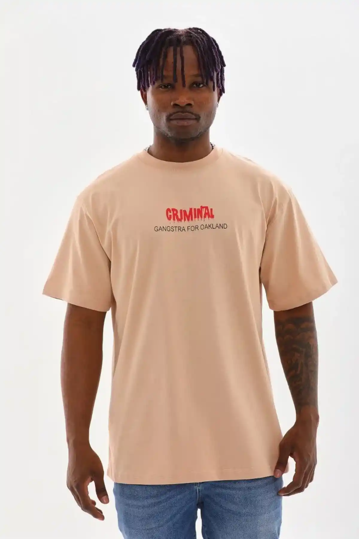 Unisex Baskılı Oversize T-Shirt - Bej