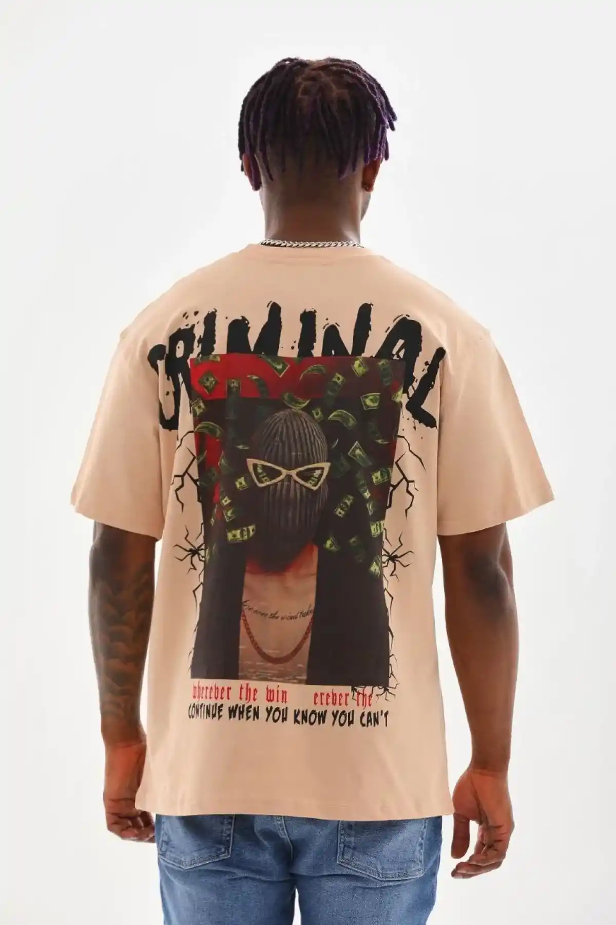 ERKEK Baskılı Oversize T-Shirt - Bej