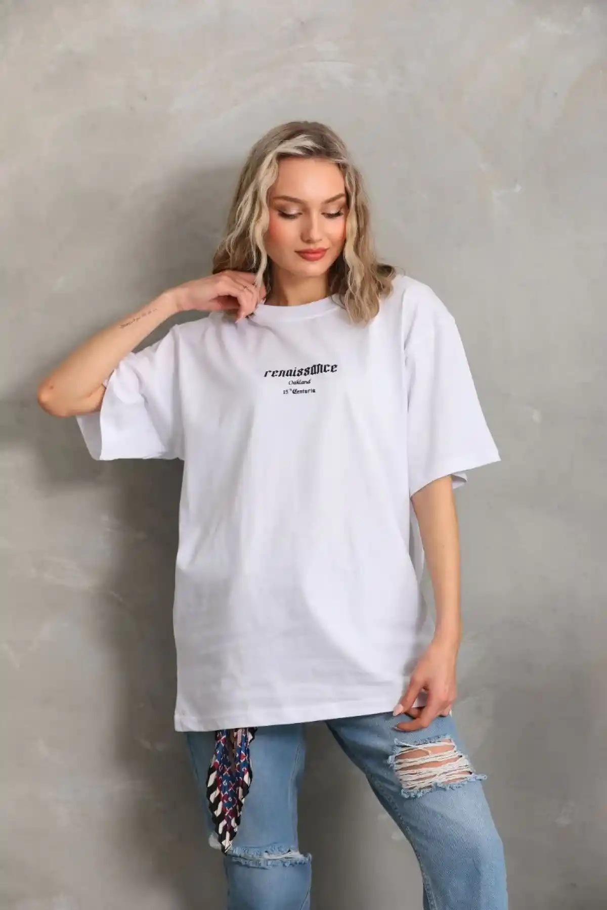 Kadın Baskılı Oversize T-Shirt - Beyaz