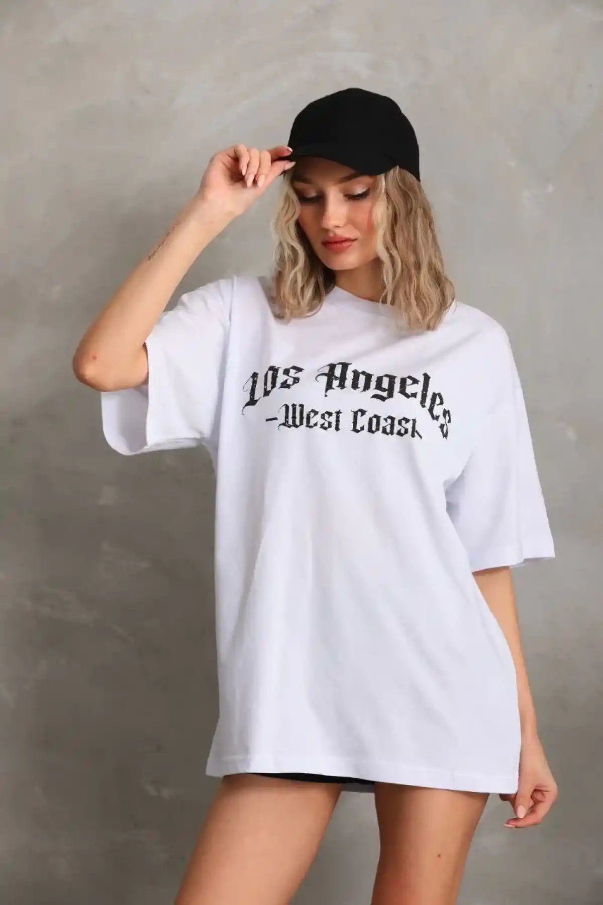 Kadın Baskılı Oversize T-Shirt - Beyaz