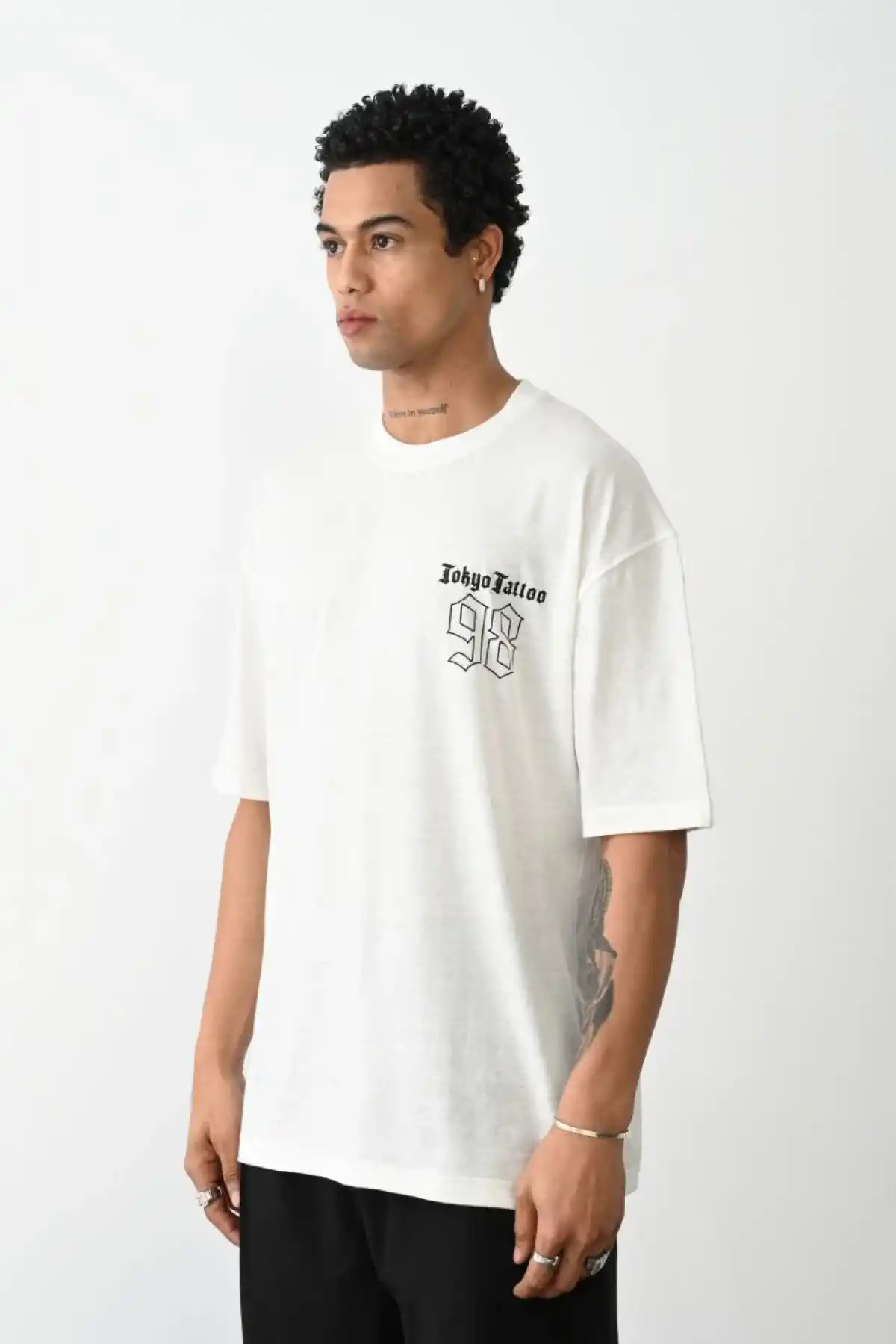 Erkek Baskılı Oversize T-Shirt - Beyaz