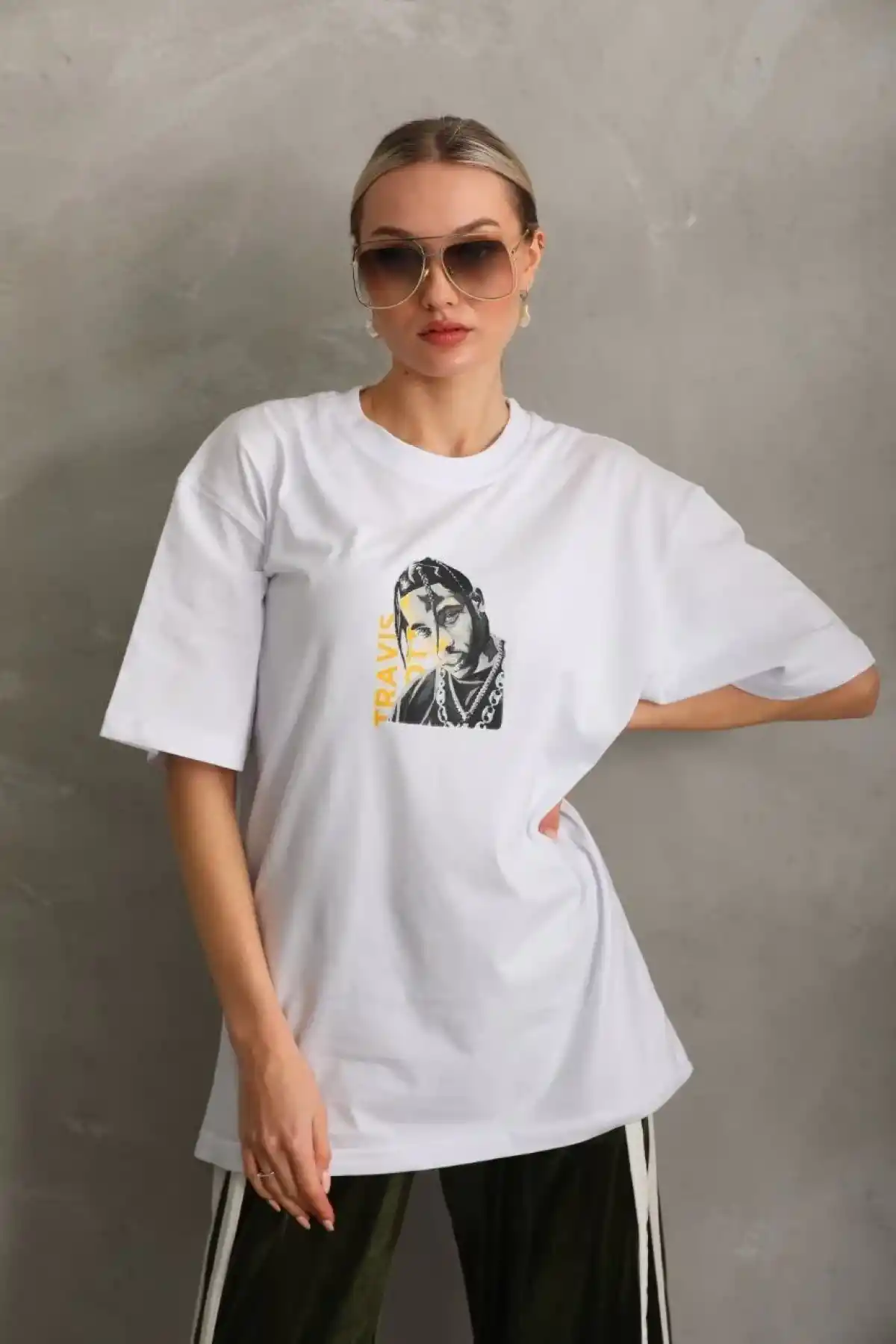 Kadın Baskılı Oversize T-Shirt - Beyaz
