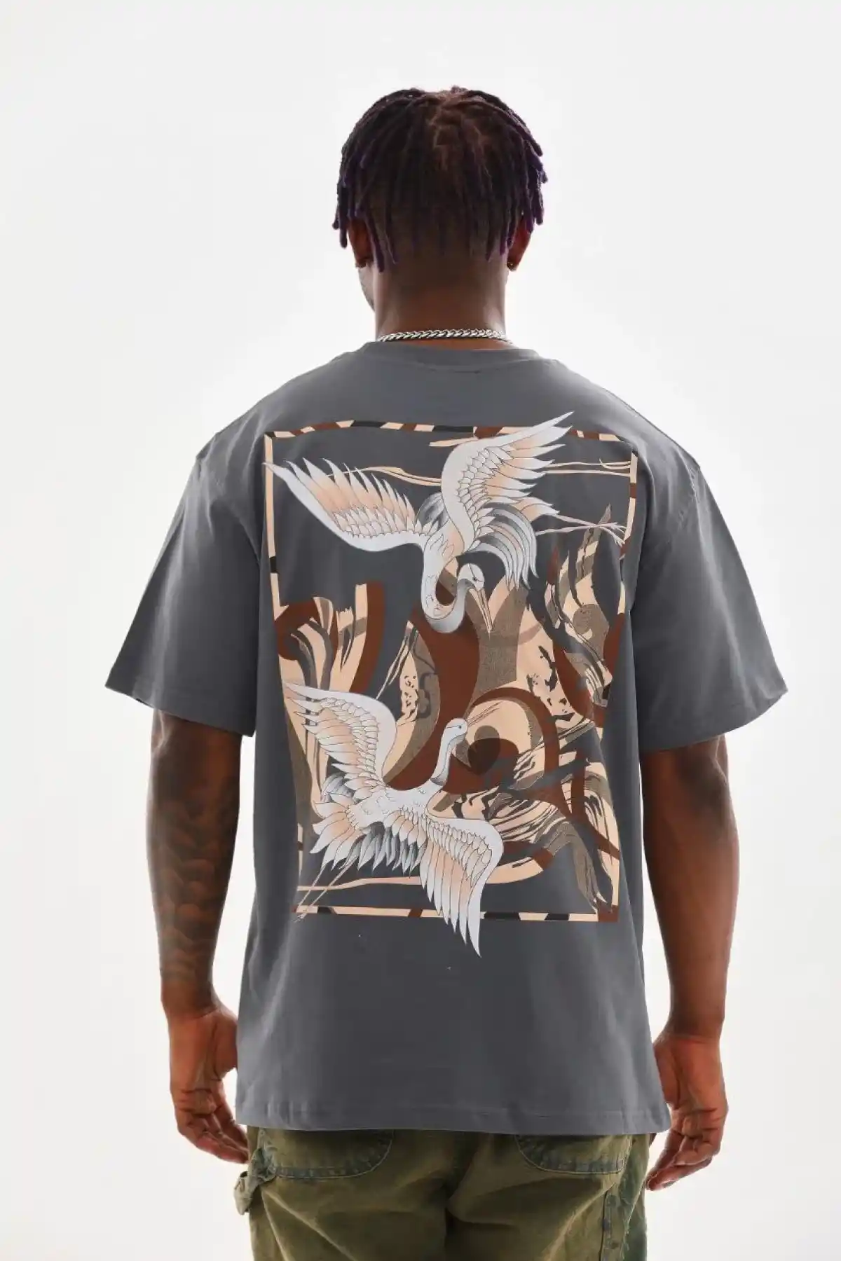 Erkek Baskılı T-Shirt Kısa Kol Bisiklet Yaka Rahat Kalıp Tişört  - Füme