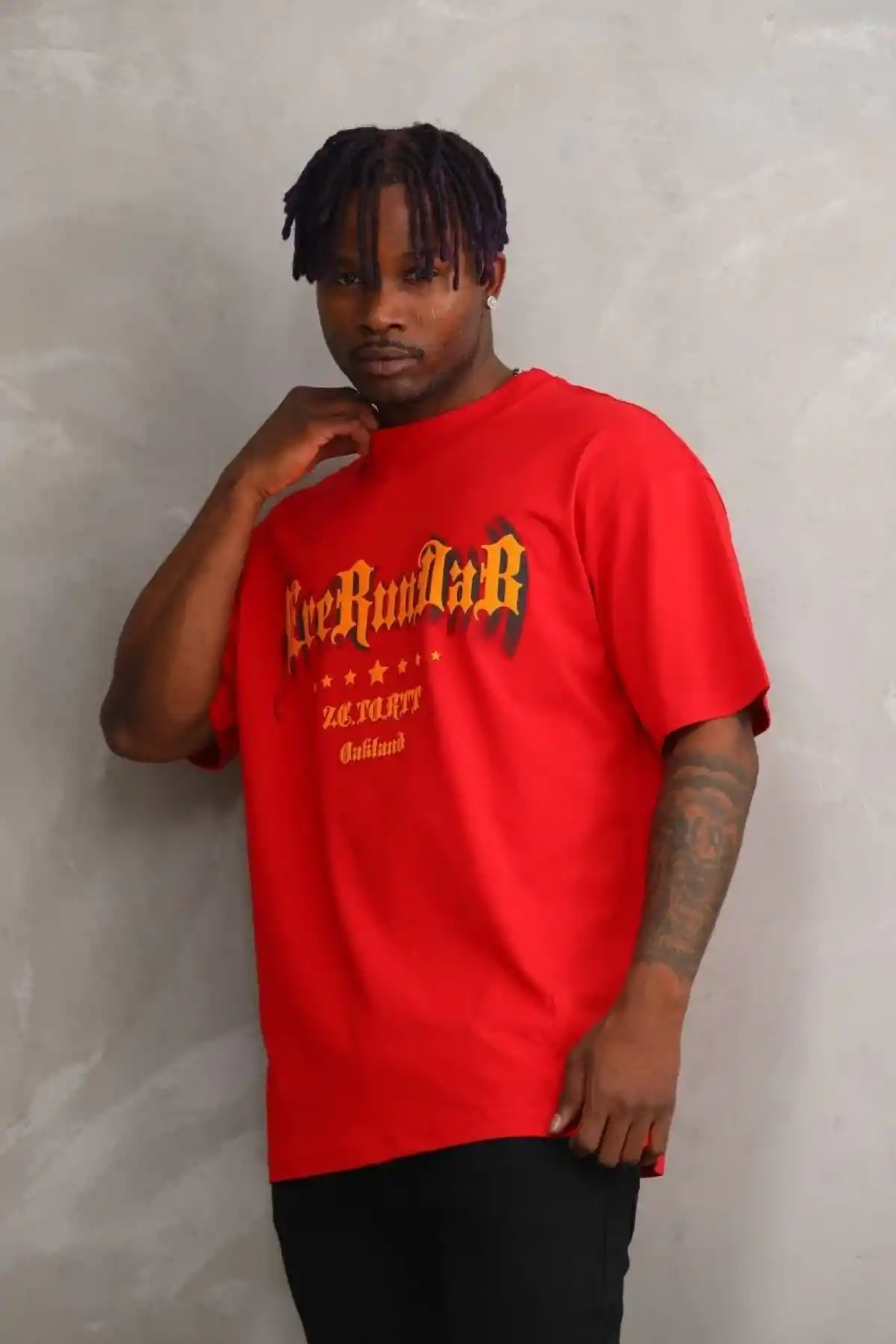 Erkek Baskılı T-Shirt Kısa Kol Bisiklet Yaka Rahat Kalıp Tişört - Kırmızı