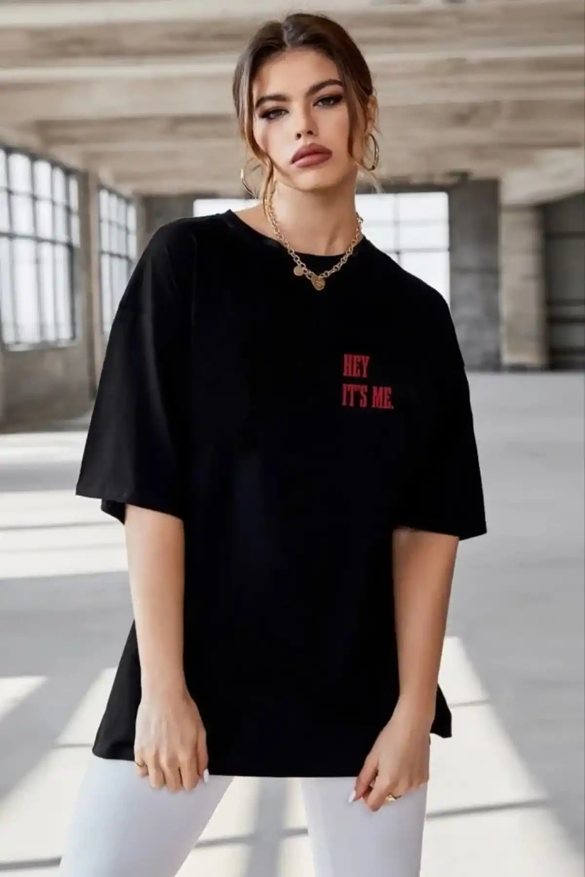 Kadın Baskılı Oversize T-Shirt - Siyah