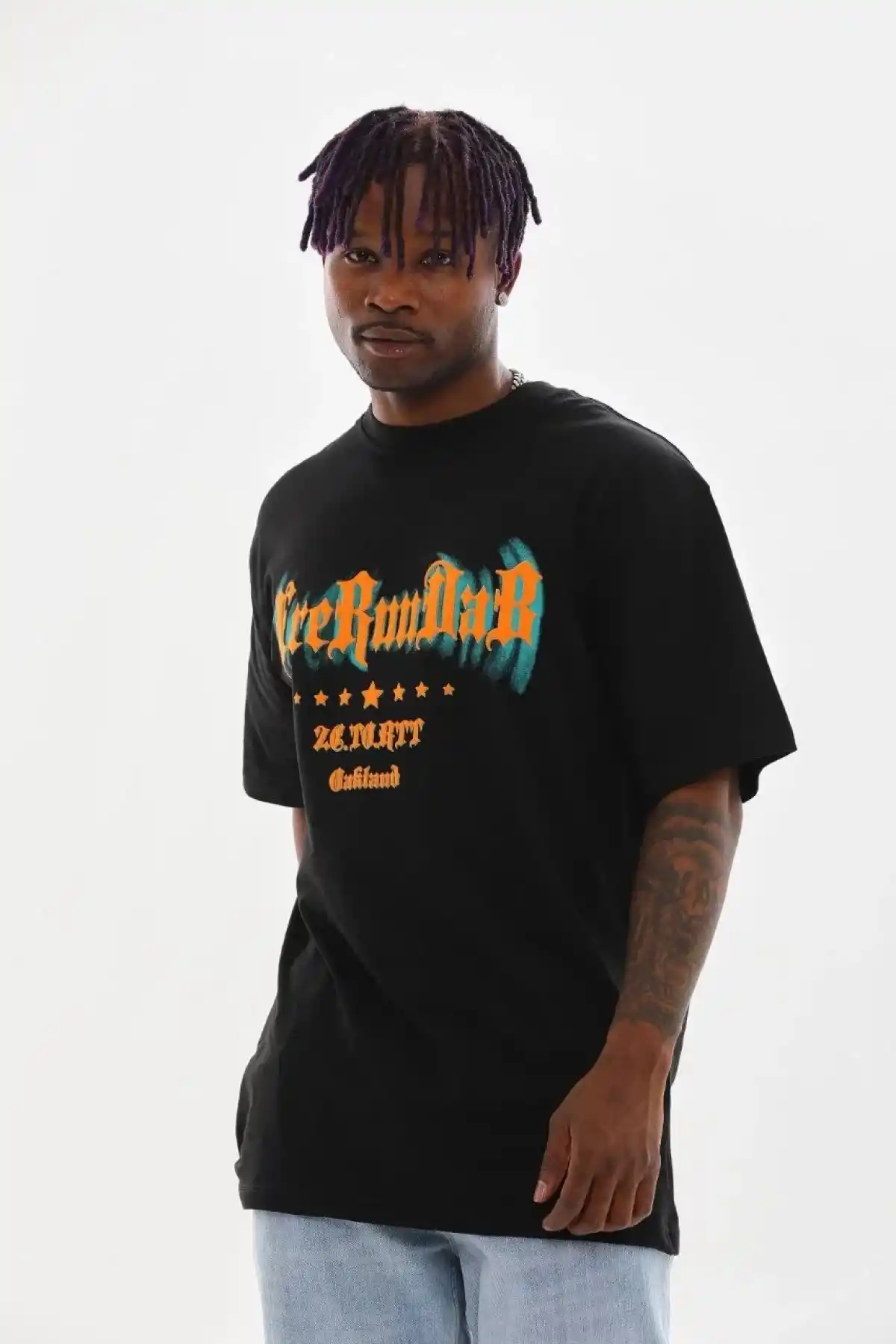 Erkek Baskılı T-Shirt Kısa Kol Bisiklet Yaka Rahat Kalıp Tişört - Siyah