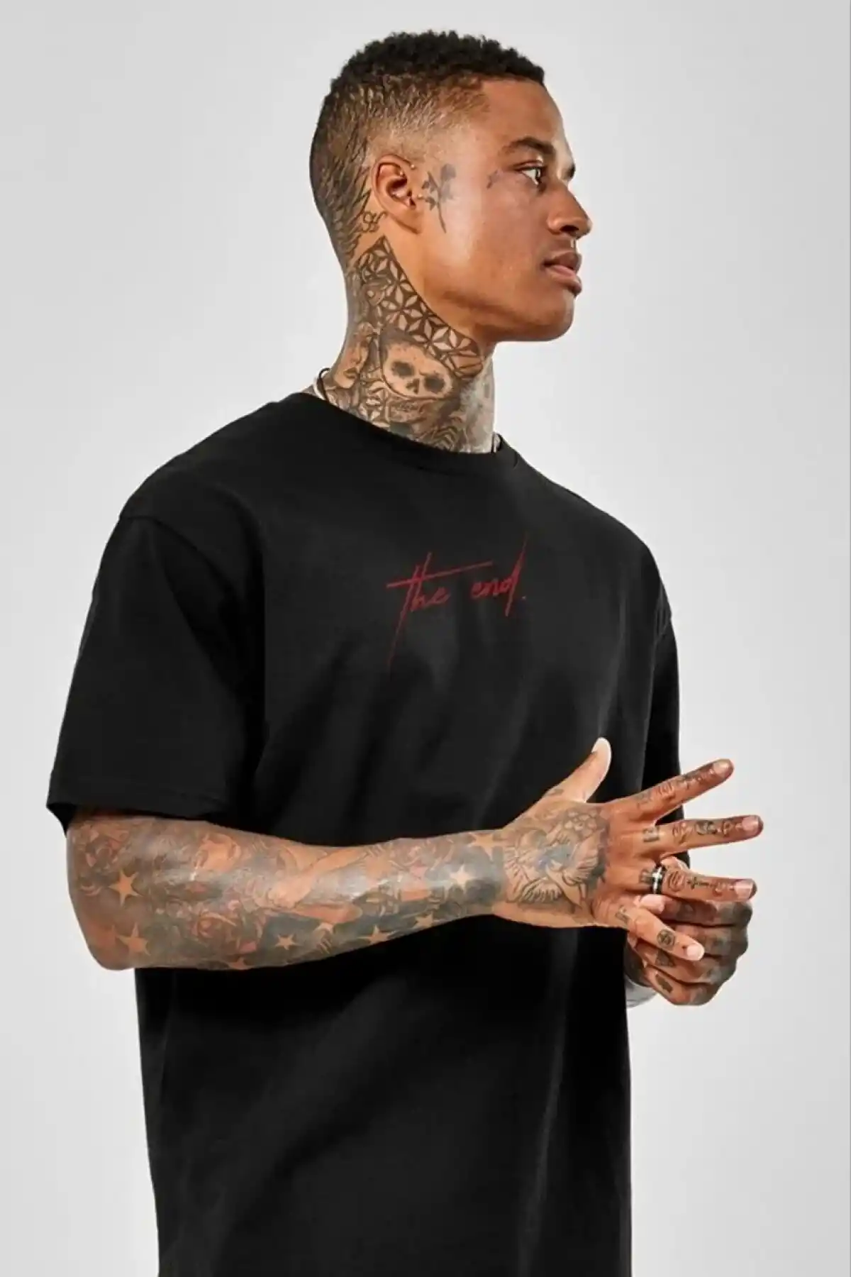 ERKEK Baskılı Oversize T-Shirt - Siyah