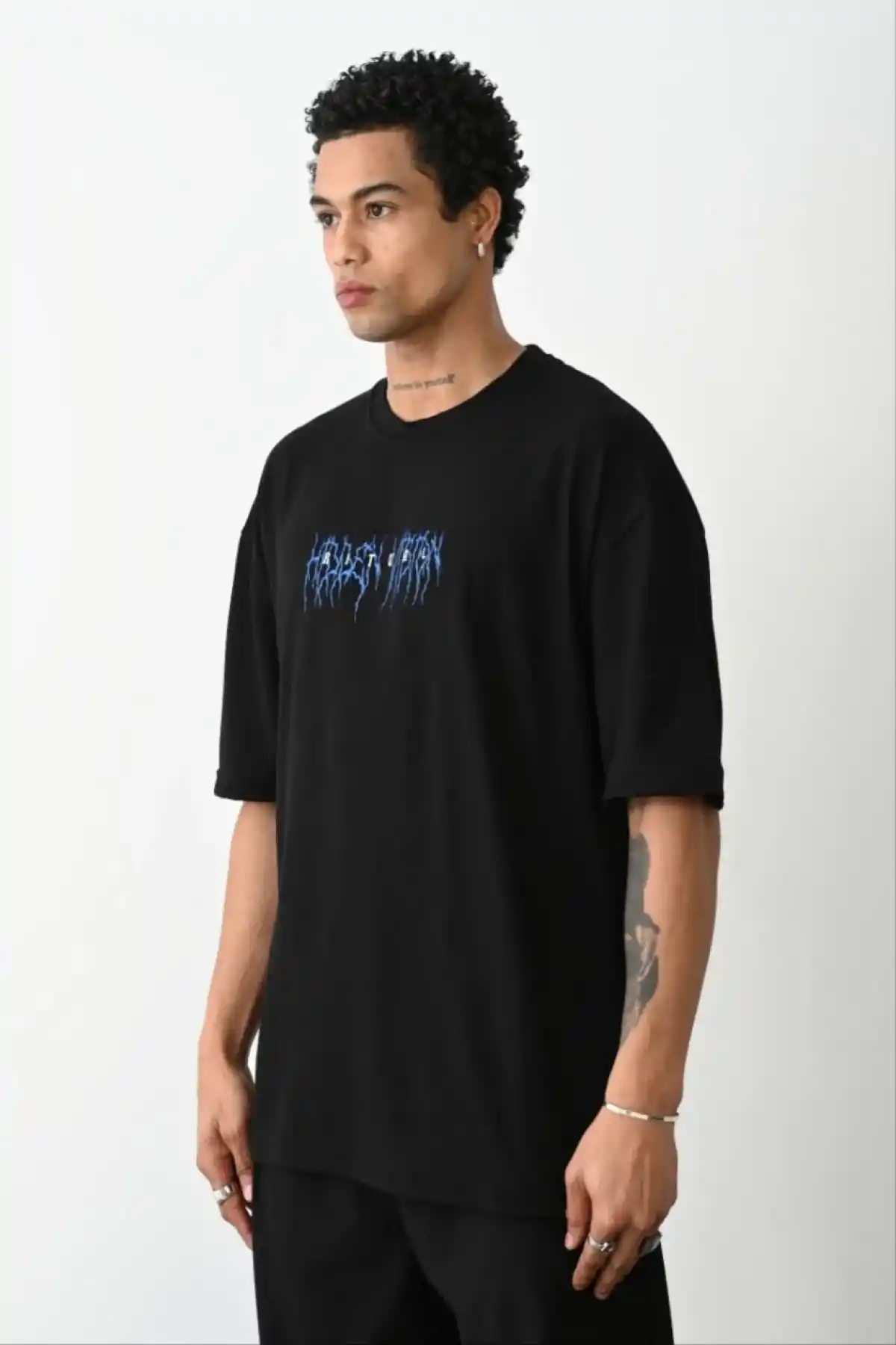 erkek Baskılı Oversize T-Shirt - Siyah