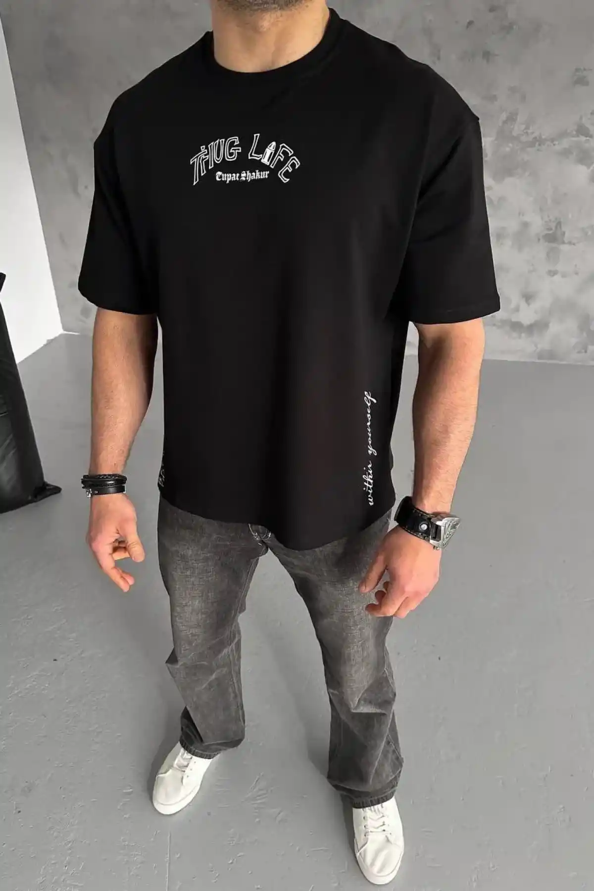 ERKEK Baskılı Oversize T-Shirt - Siyah