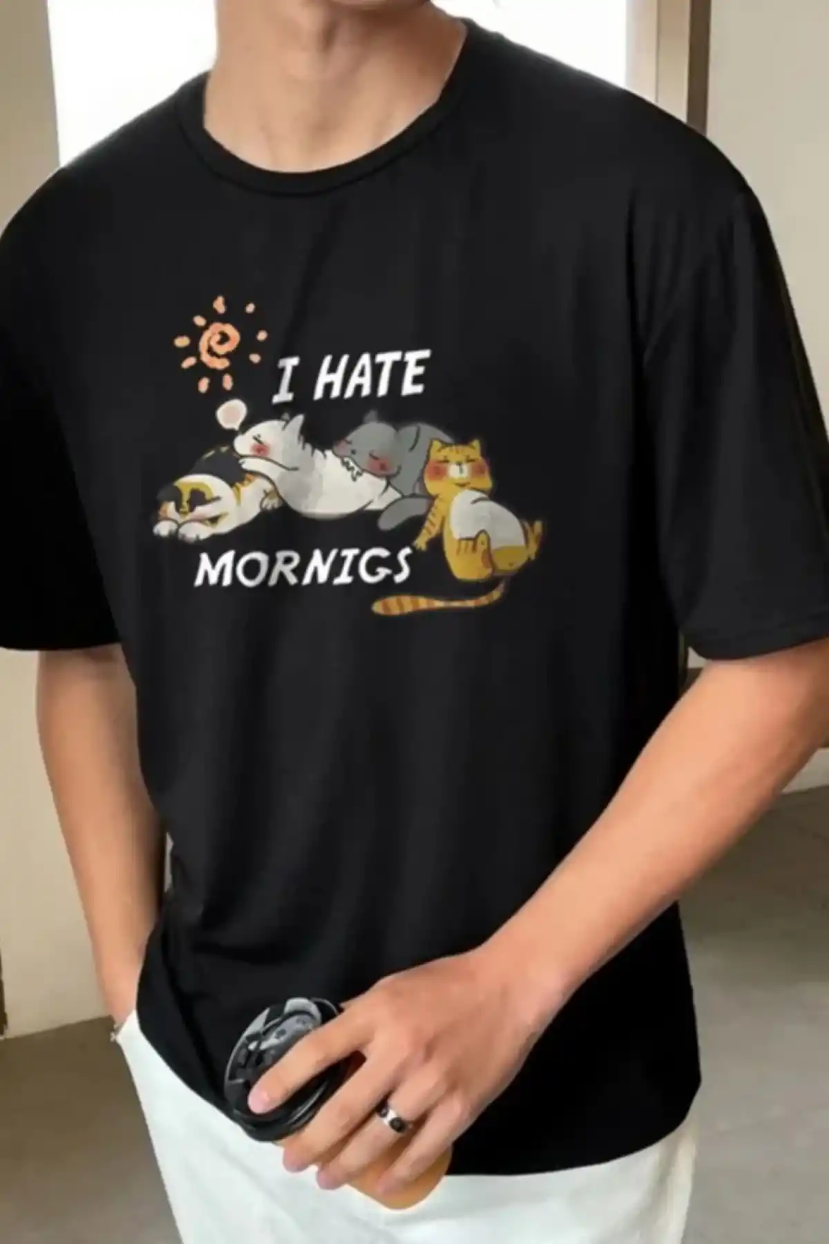 ERKEK Baskılı Oversize T-Shirt - Siyah