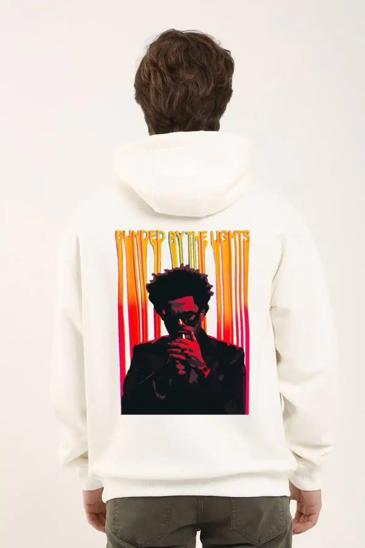 ERKEK Baskılı Oversize Üç İplik Kapüşonlu Sweatshirt - Beyaz