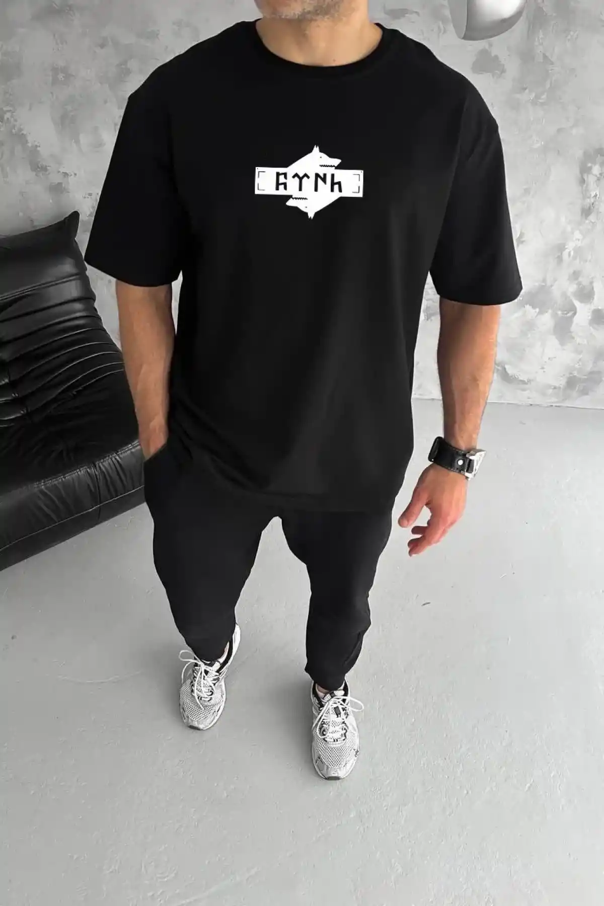 ERKEK Bisiklet Yaka Baskılı Oversize T-Shirt - Siyah