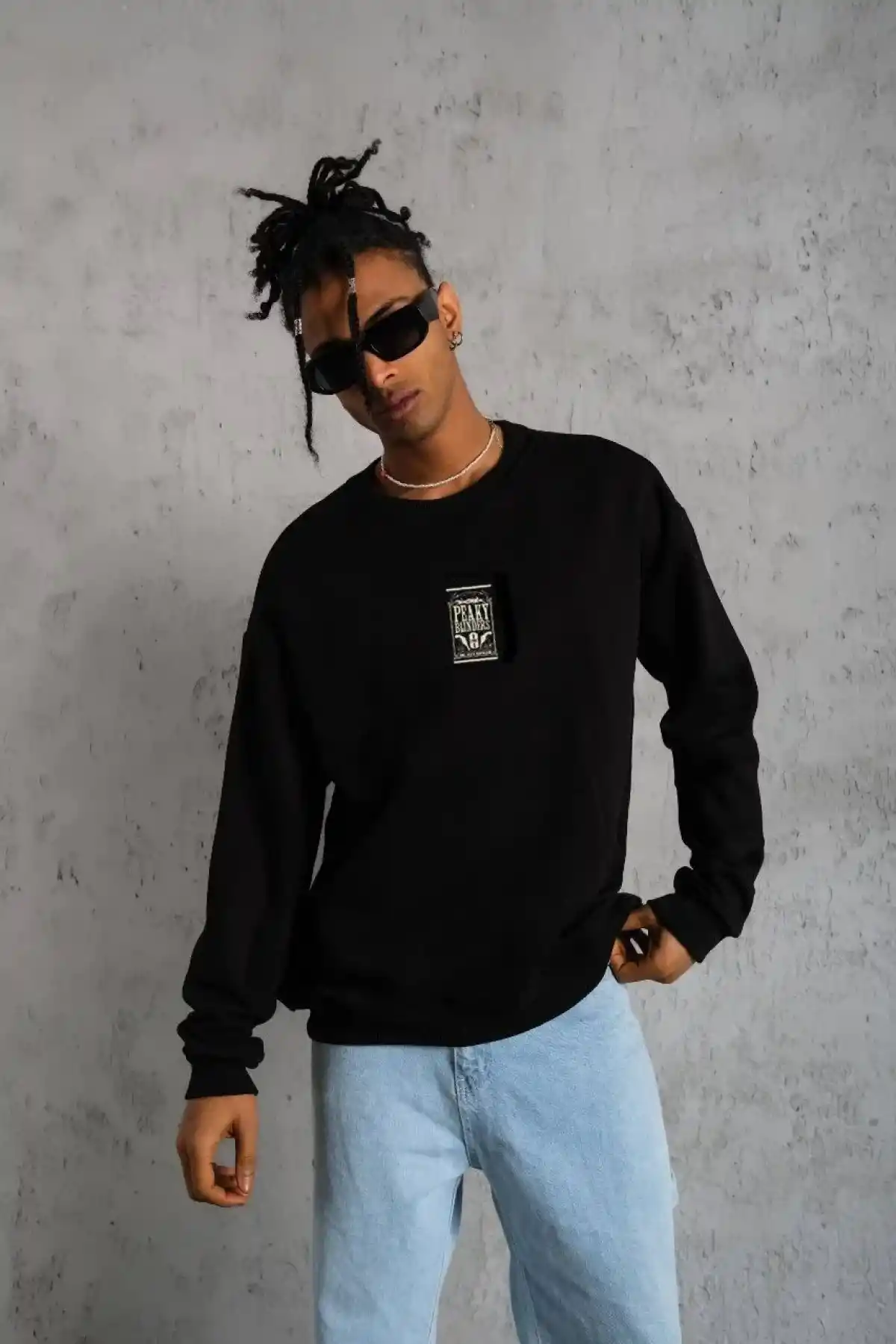 ERKEK Bisiklet Yaka Baskılı Oversize Sweatshirt - Siyah