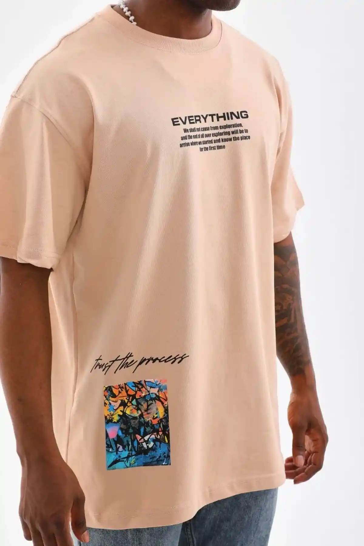 Erkek  Bisiklet Yaka Baskılı Oversize T-Shirt - Bej