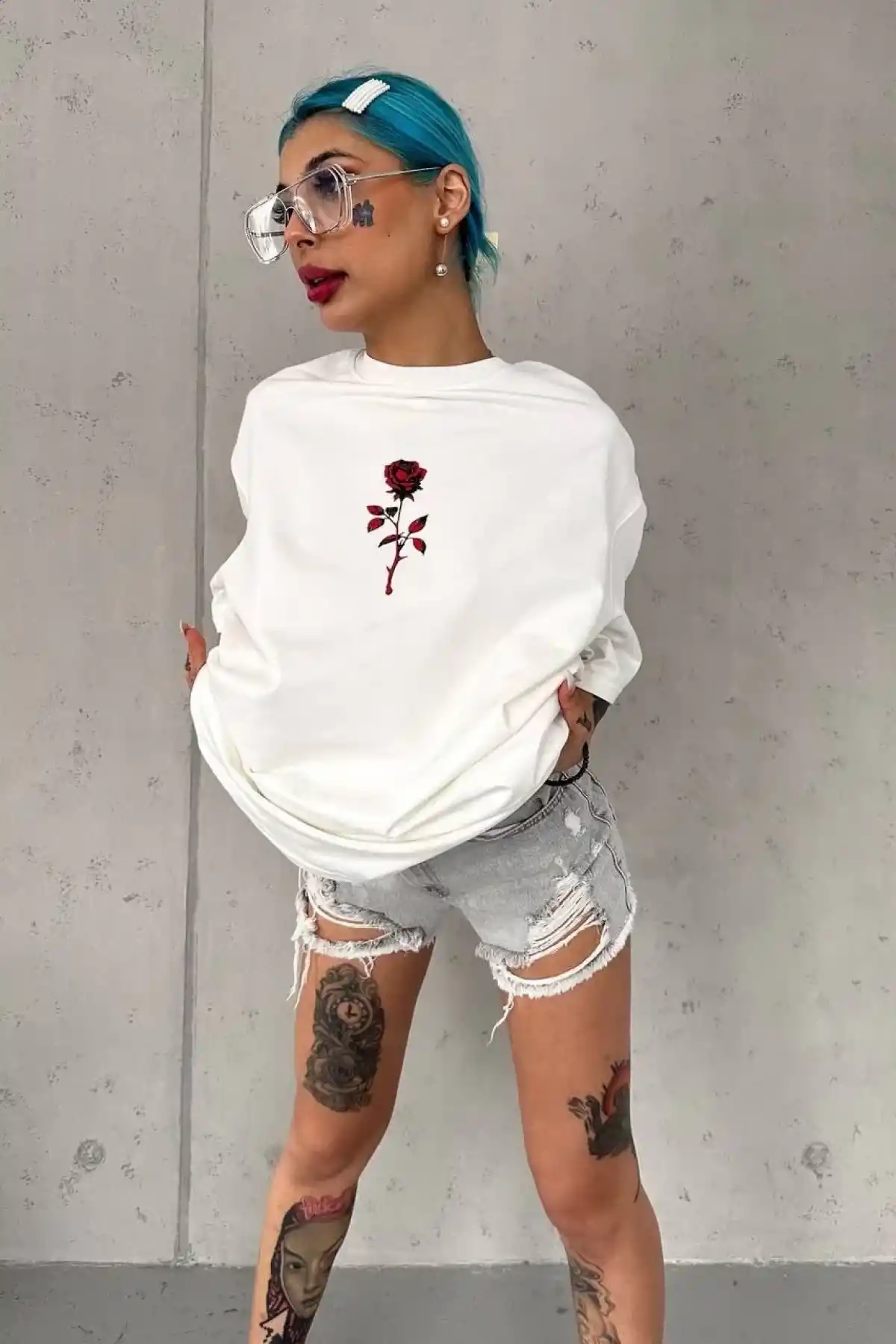 kadın Bisiklet Yaka Baskılı Oversize T-Shirt - Beyaz