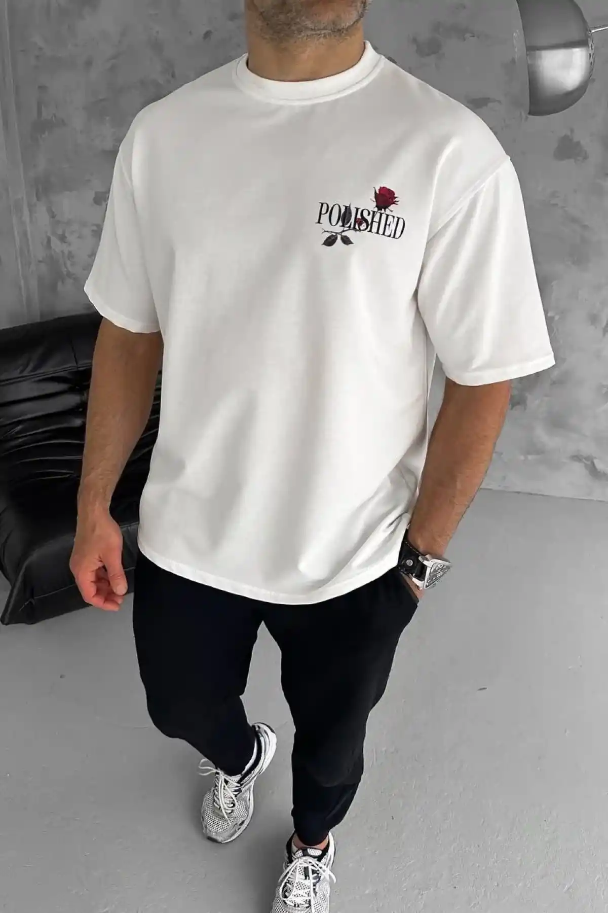 Unisex Bisiklet Yaka Baskılı Oversize T-Shirt - Beyaz