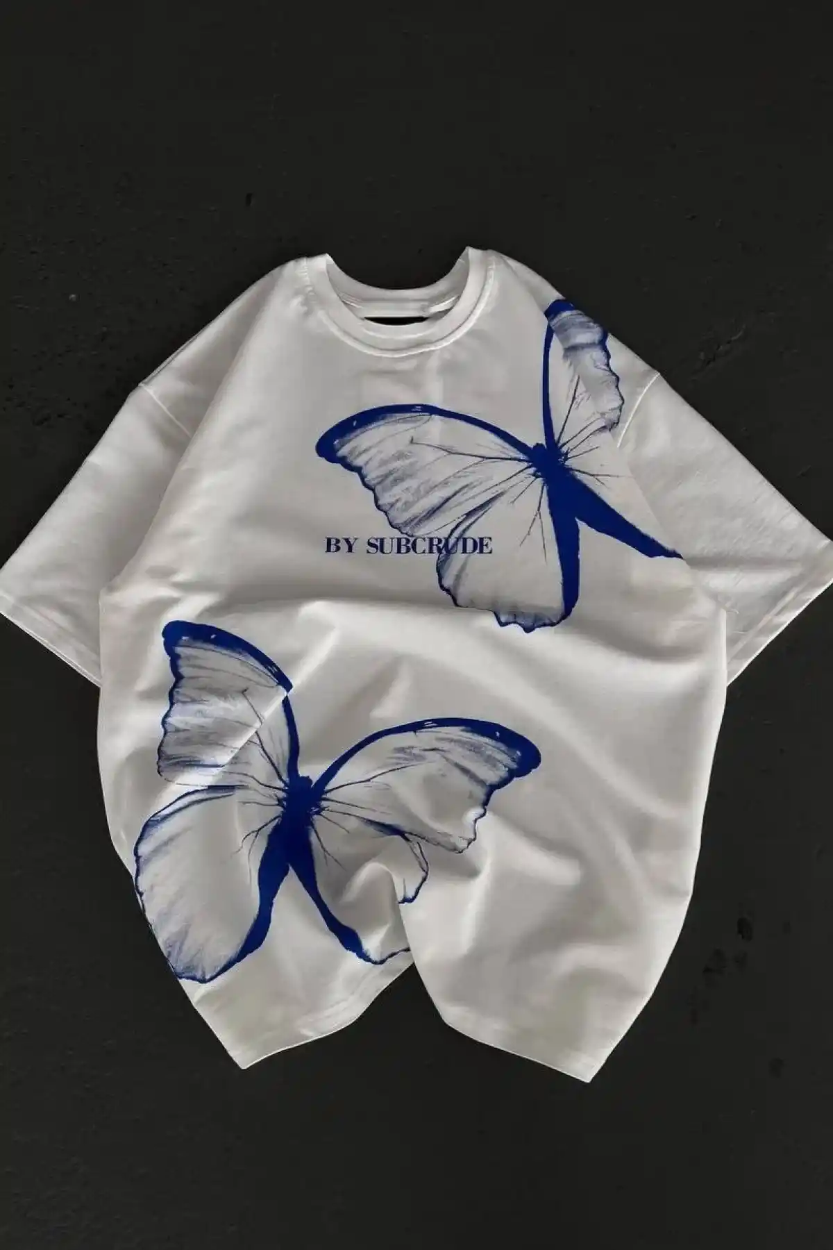 kadın  Bisiklet Yaka Baskılı Oversize T-Shirt - Beyaz