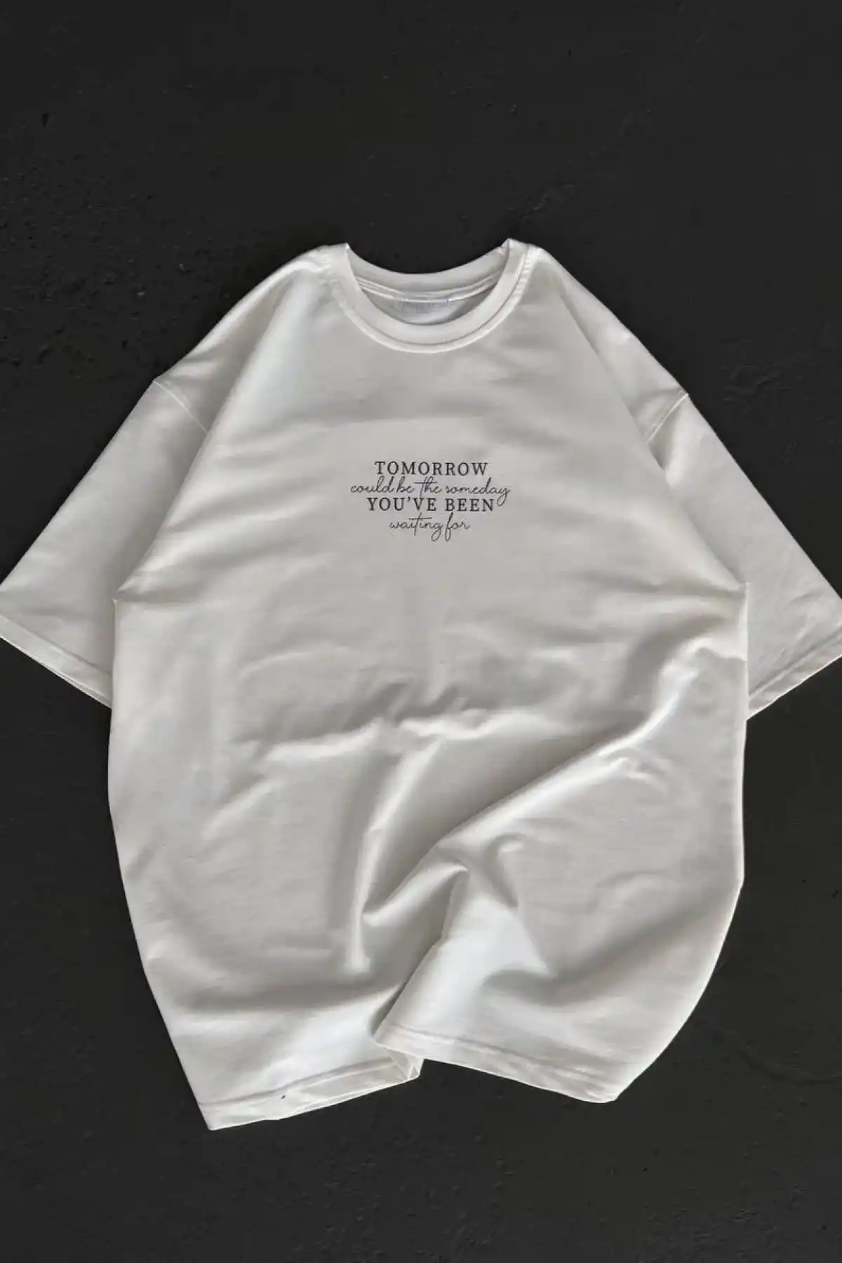 kadın  Bisiklet Yaka Baskılı Oversize T-Shirt - Beyaz