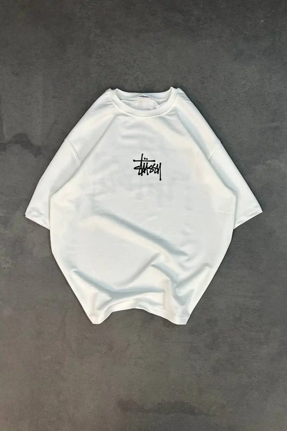 kadın  Bisiklet Yaka Baskılı Oversize T-Shirt - Beyaz