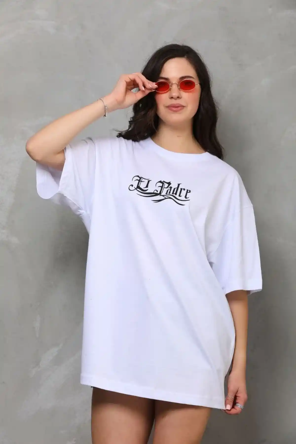 kadın Bisiklet Yaka Baskılı Oversize T-Shirt - Beyaz