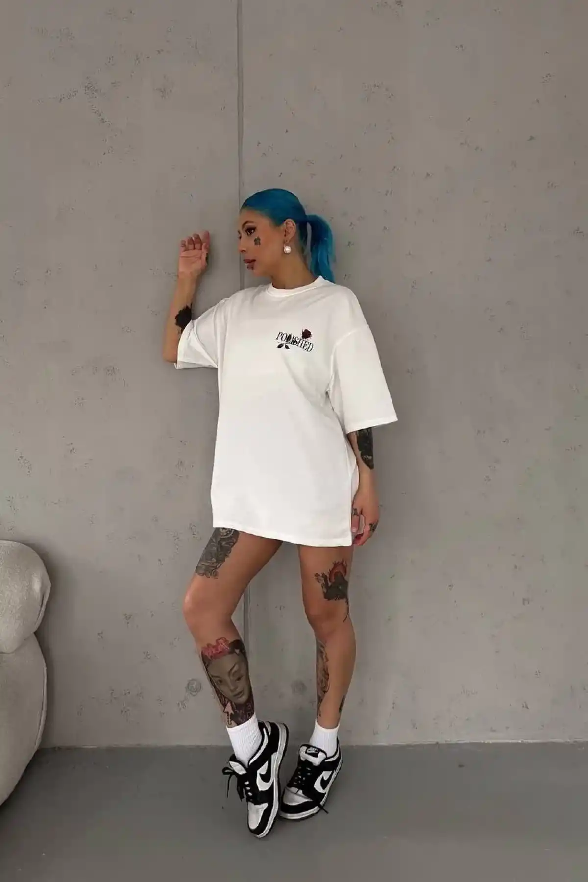 kadın Bisiklet Yaka Baskılı Oversize T-Shirt - Beyaz