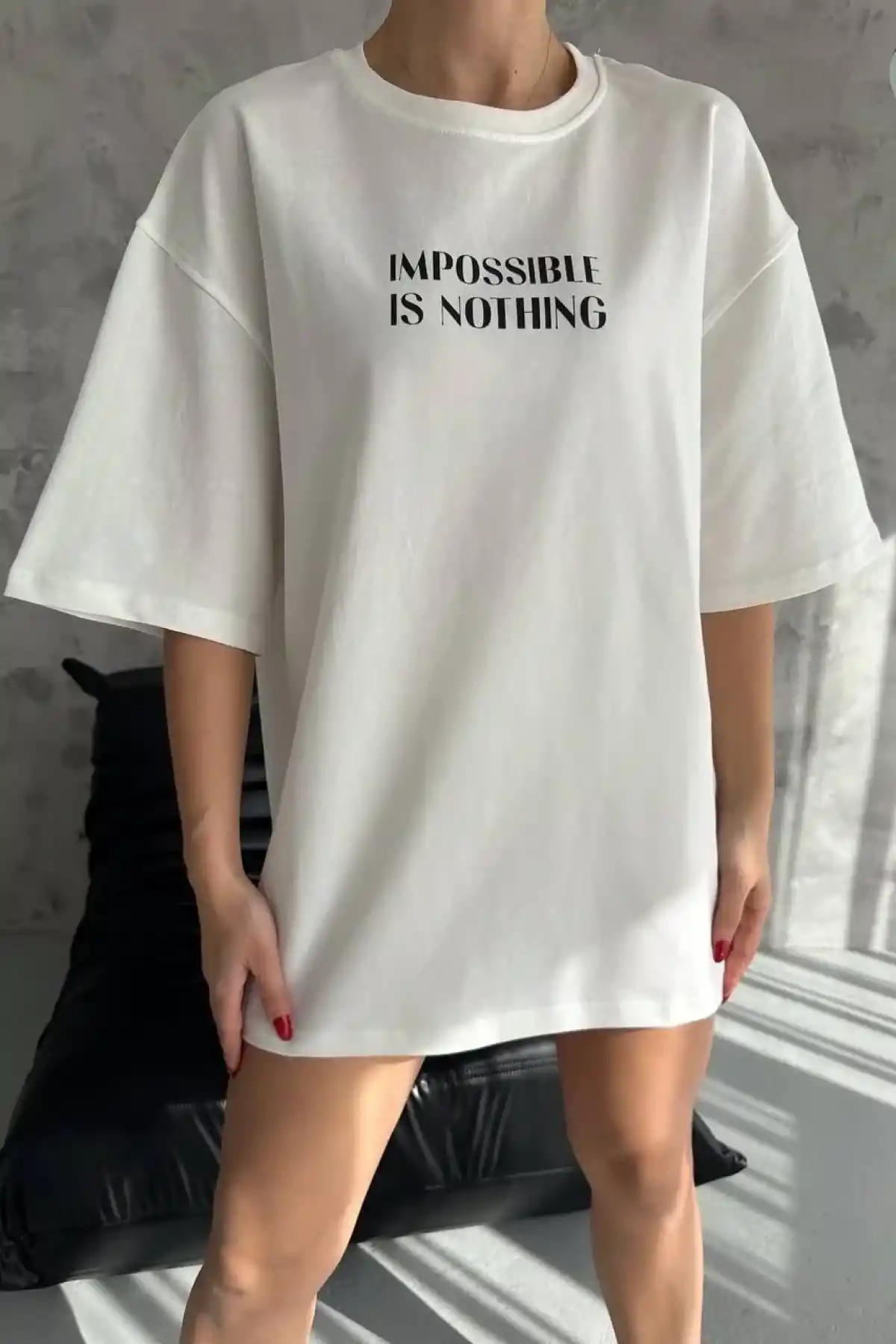 kadın  Bisiklet Yaka Baskılı Oversize T-Shirt - Beyaz