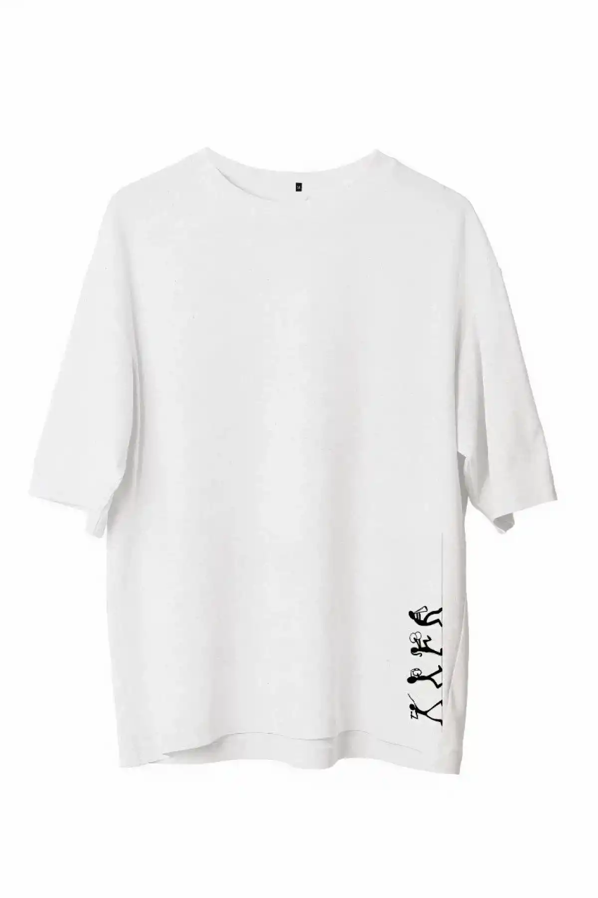 Unisex Bisiklet Yaka Baskılı Oversize T-Shirt - Beyaz