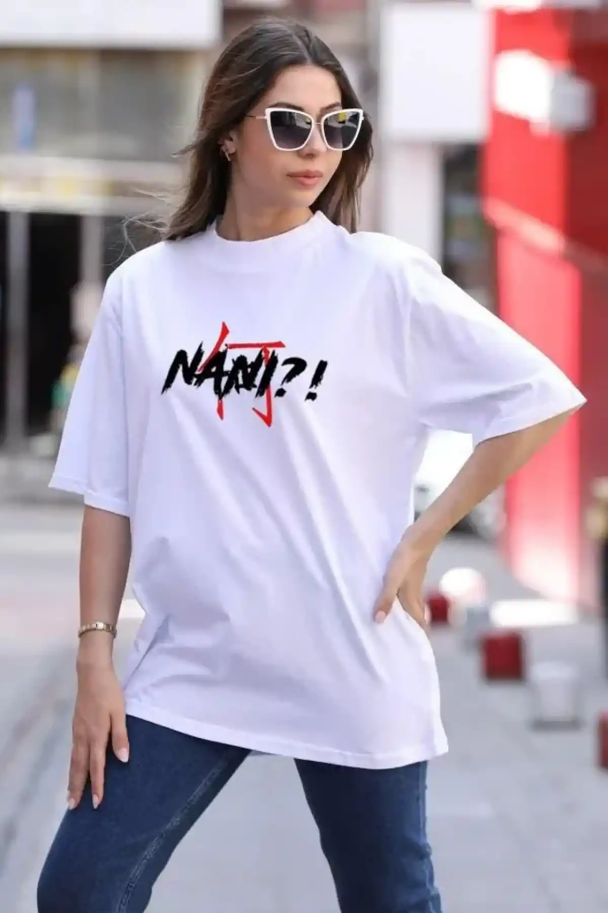 kadın Bisiklet Yaka Baskılı Oversize T-Shirt - Beyaz