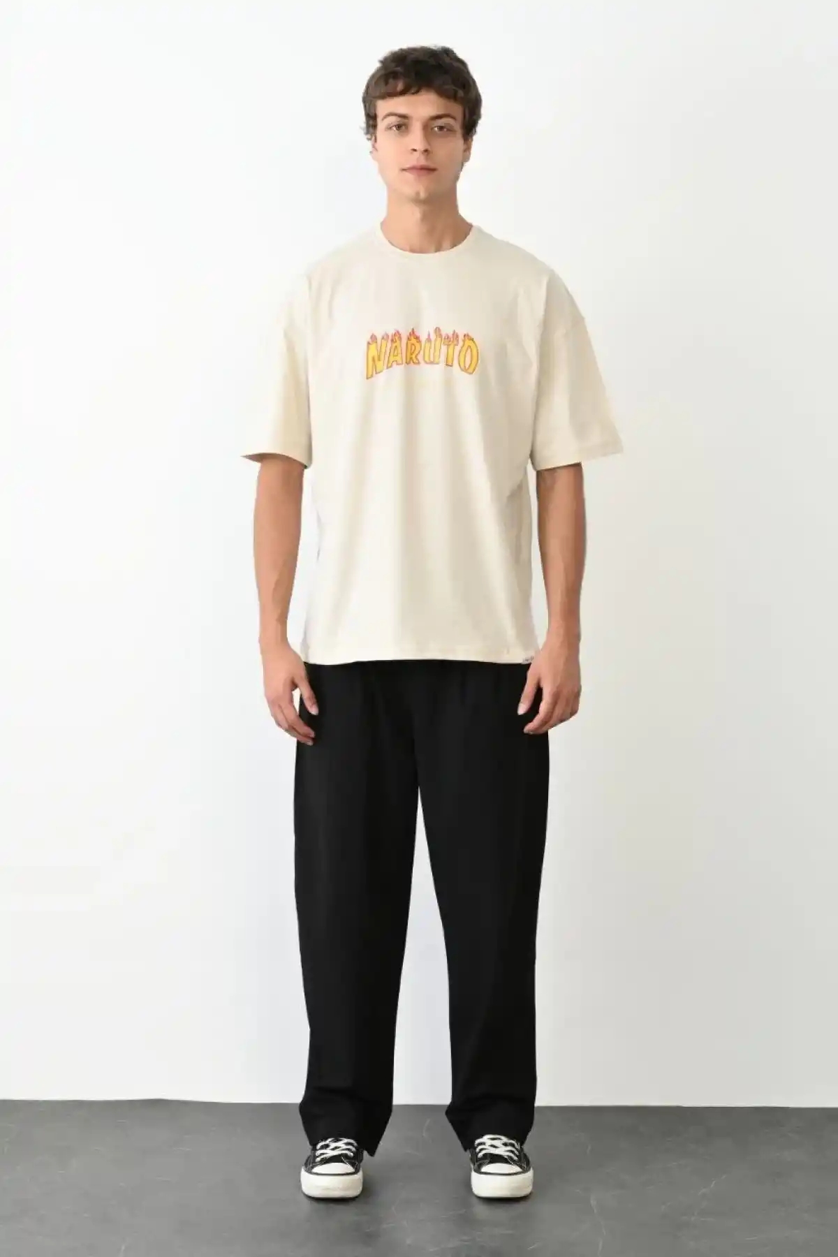 ERKEK Bisiklet Yaka Baskılı Oversize T-Shirt - Beyaz