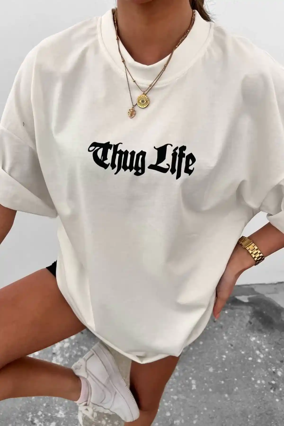 kadın  Bisiklet Yaka Baskılı Oversize T-Shirt - Beyaz