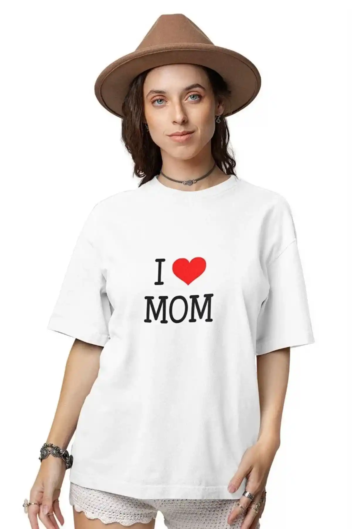 kadın  Bisiklet Yaka Baskılı Oversize T-Shirt - Beyaz