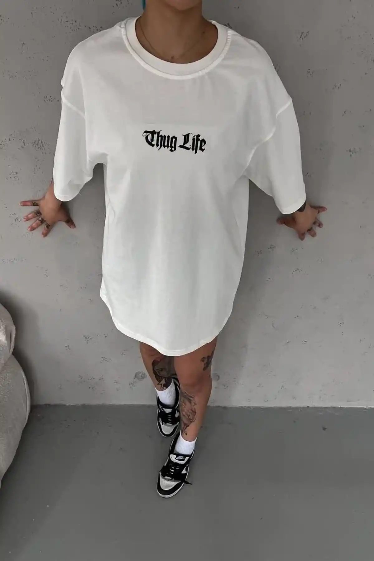 kadın  Bisiklet Yaka Baskılı Oversize T-Shirt - Beyaz