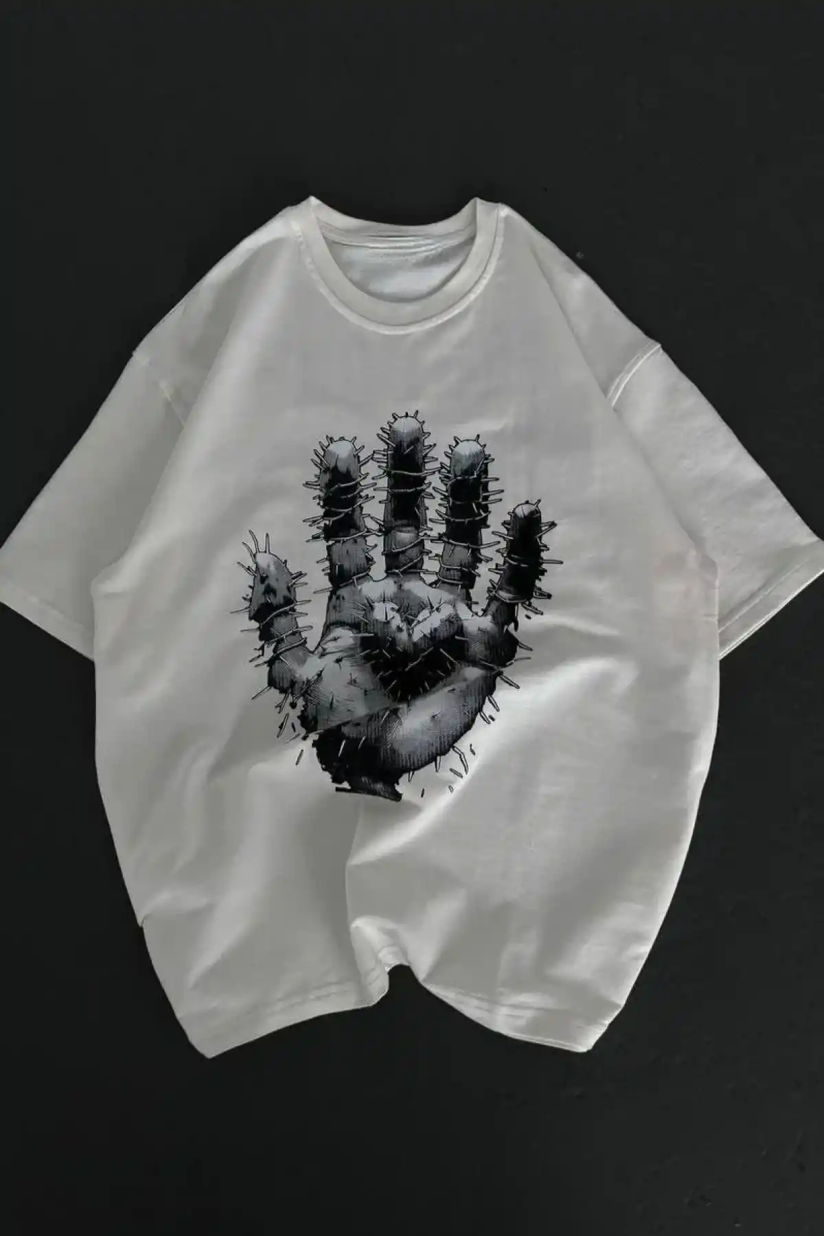 kadın Bisiklet Yaka Baskılı Oversize T-Shirt - Beyaz