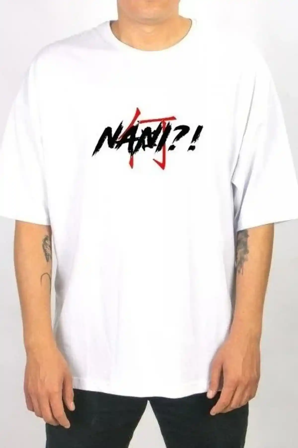 Unisex Bisiklet Yaka Baskılı Oversize T-Shirt - Beyaz