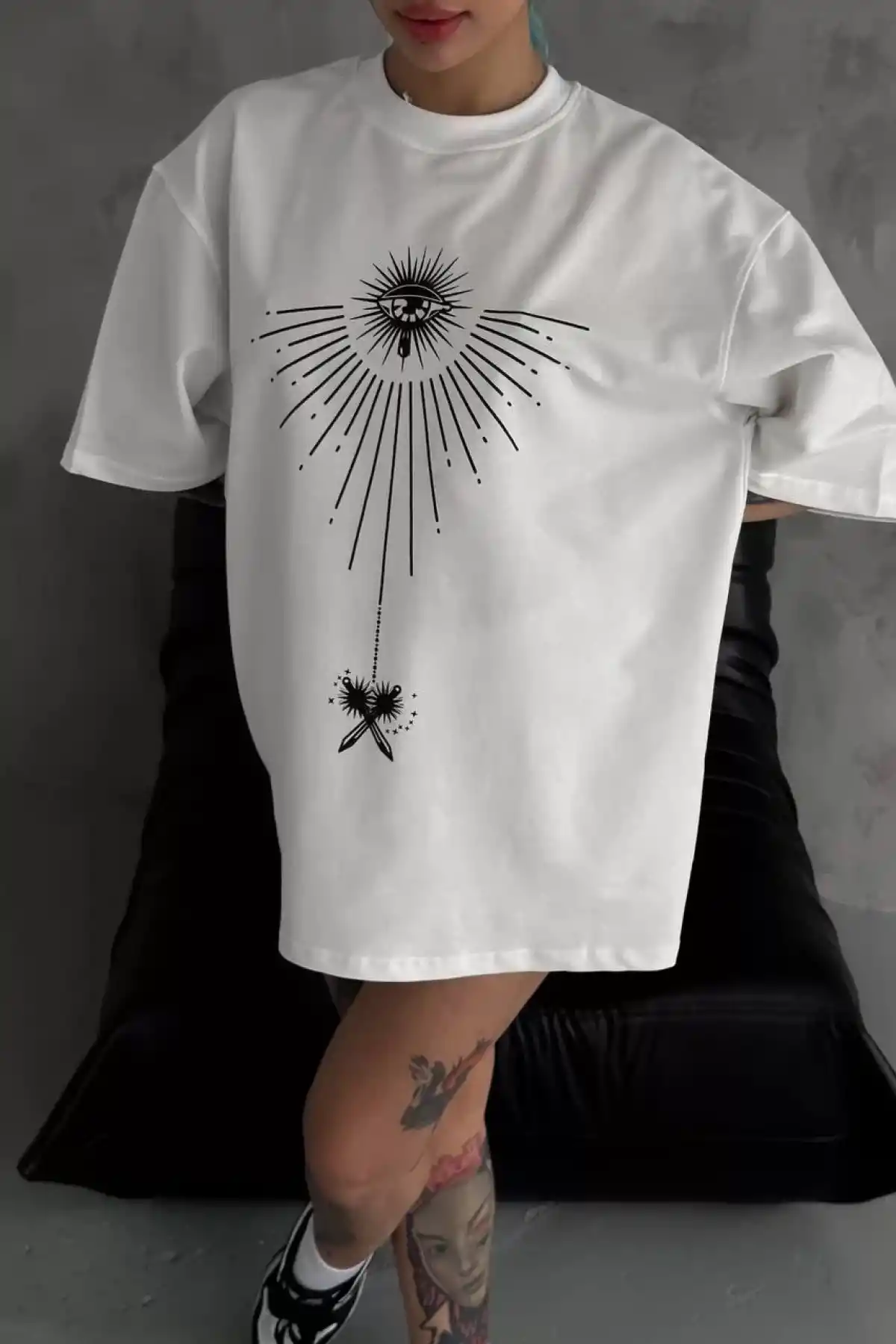 Unisex Bisiklet Yaka Baskılı Oversize T-Shirt - Beyaz