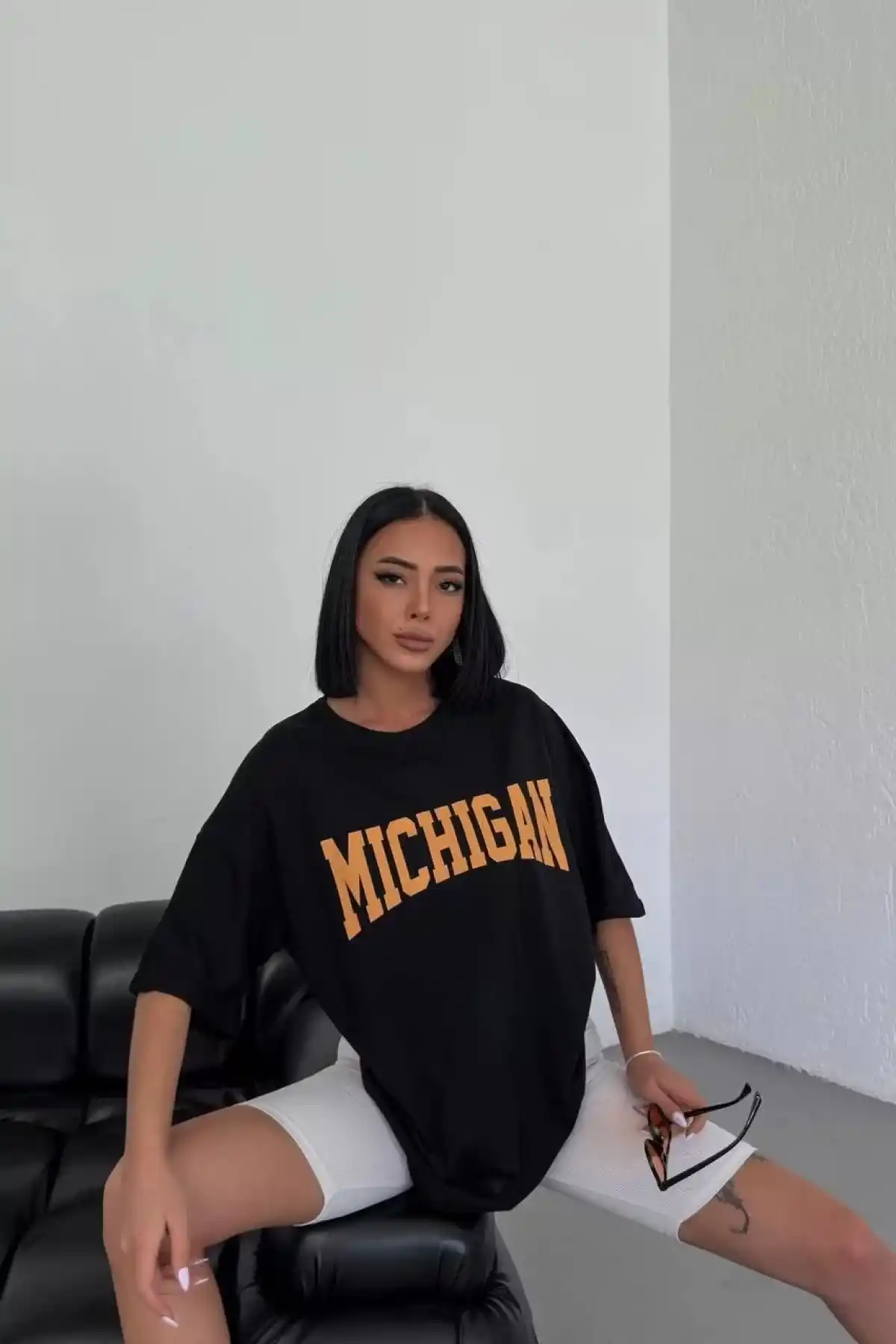 Unisex Bisiklet Yaka Baskılı Oversize T-Shirt - Siyah