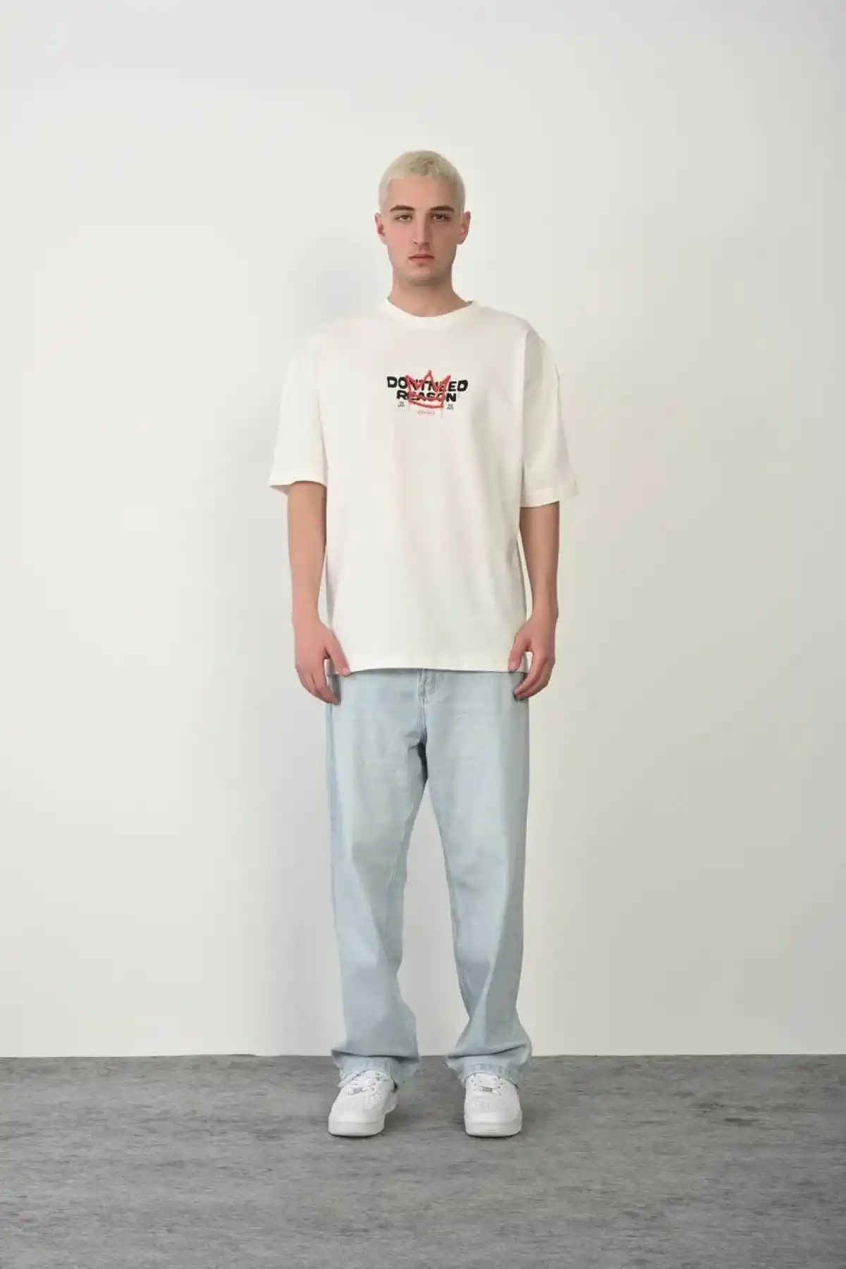 Unisex Bisiklet Yaka Baskılı Oversize T-Shirt - Beyaz