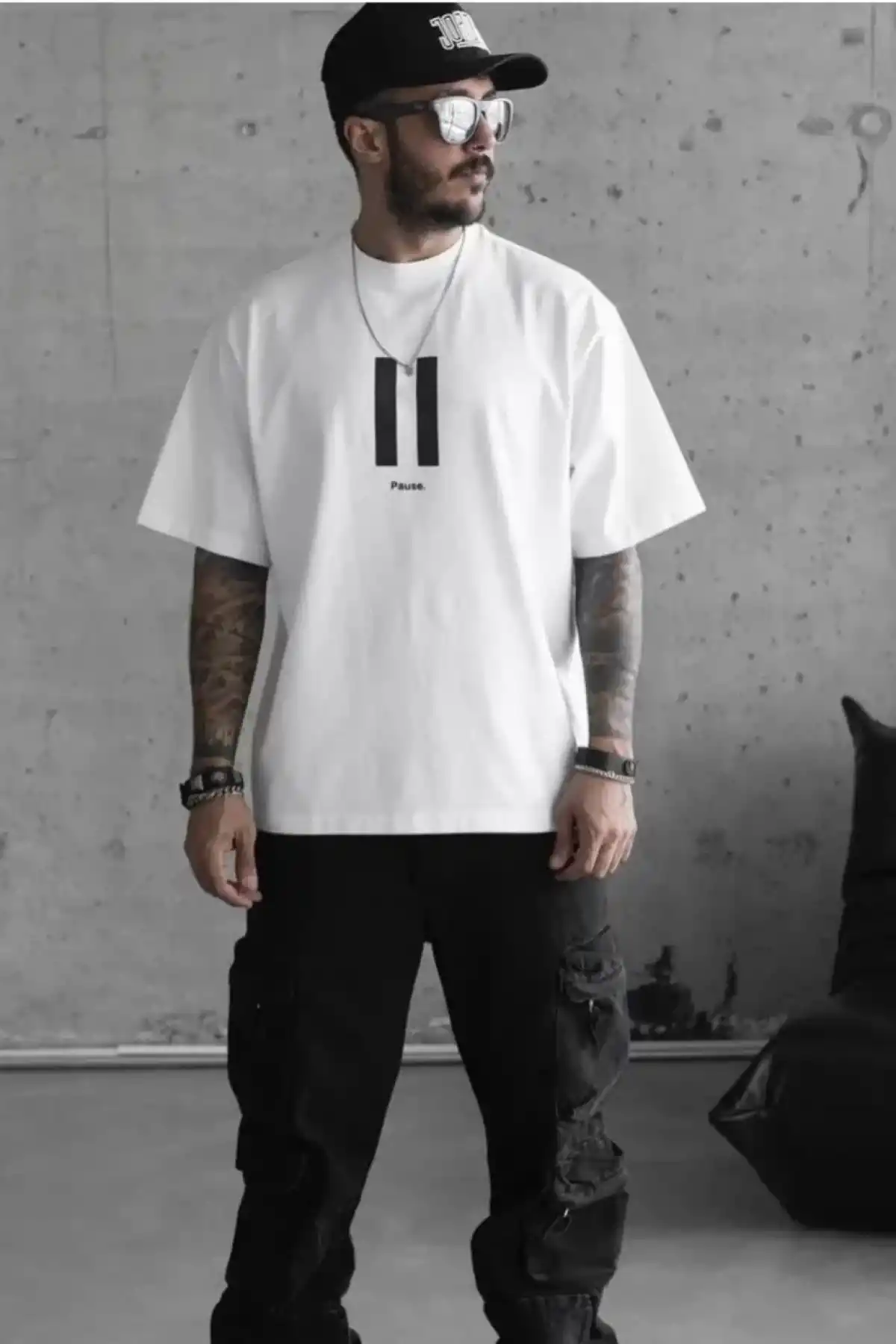 Unisex Bisiklet Yaka Baskılı Oversize T-Shirt - Beyaz