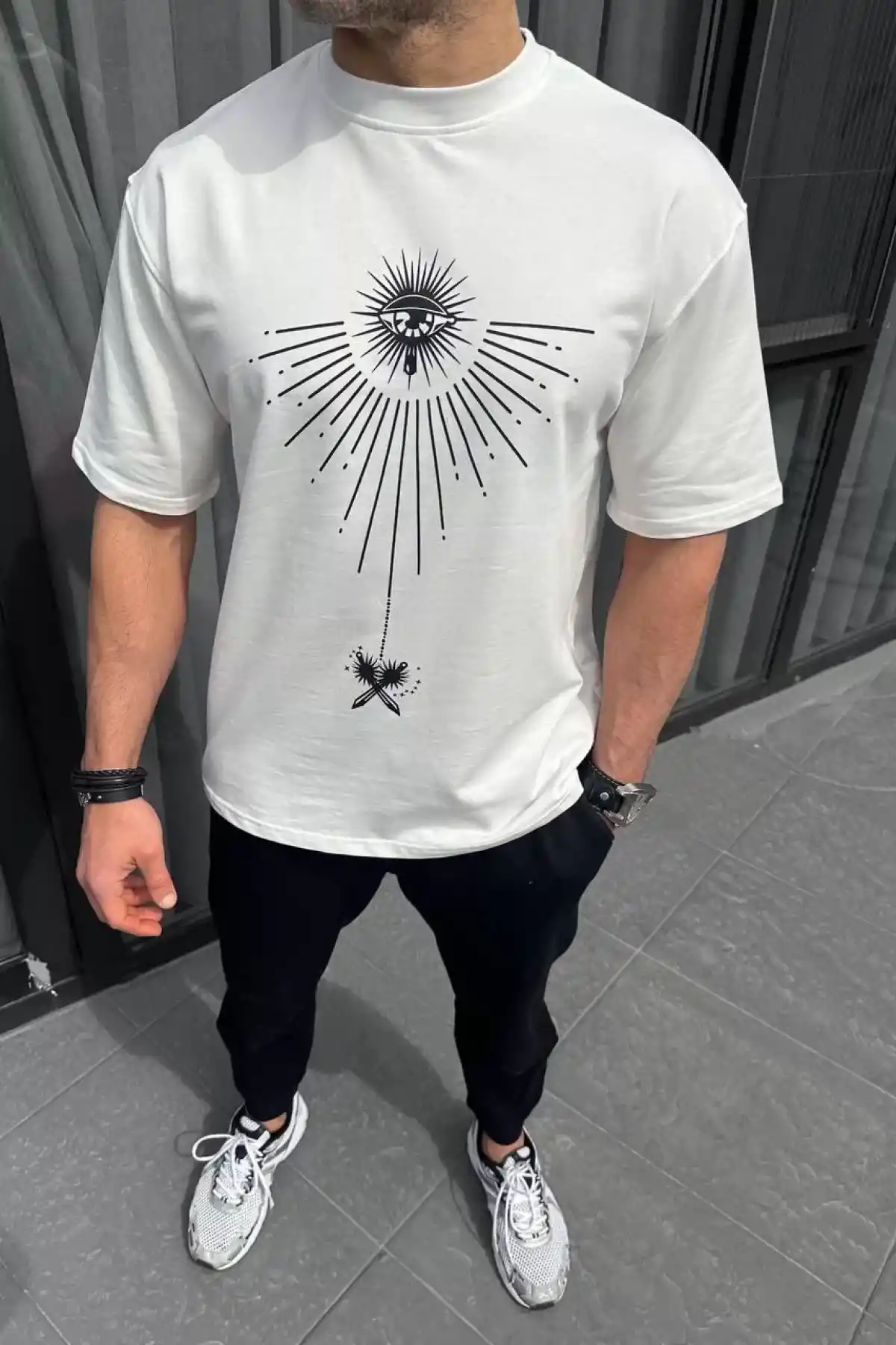 Unisex Bisiklet Yaka Baskılı Oversize T-Shirt - Beyaz