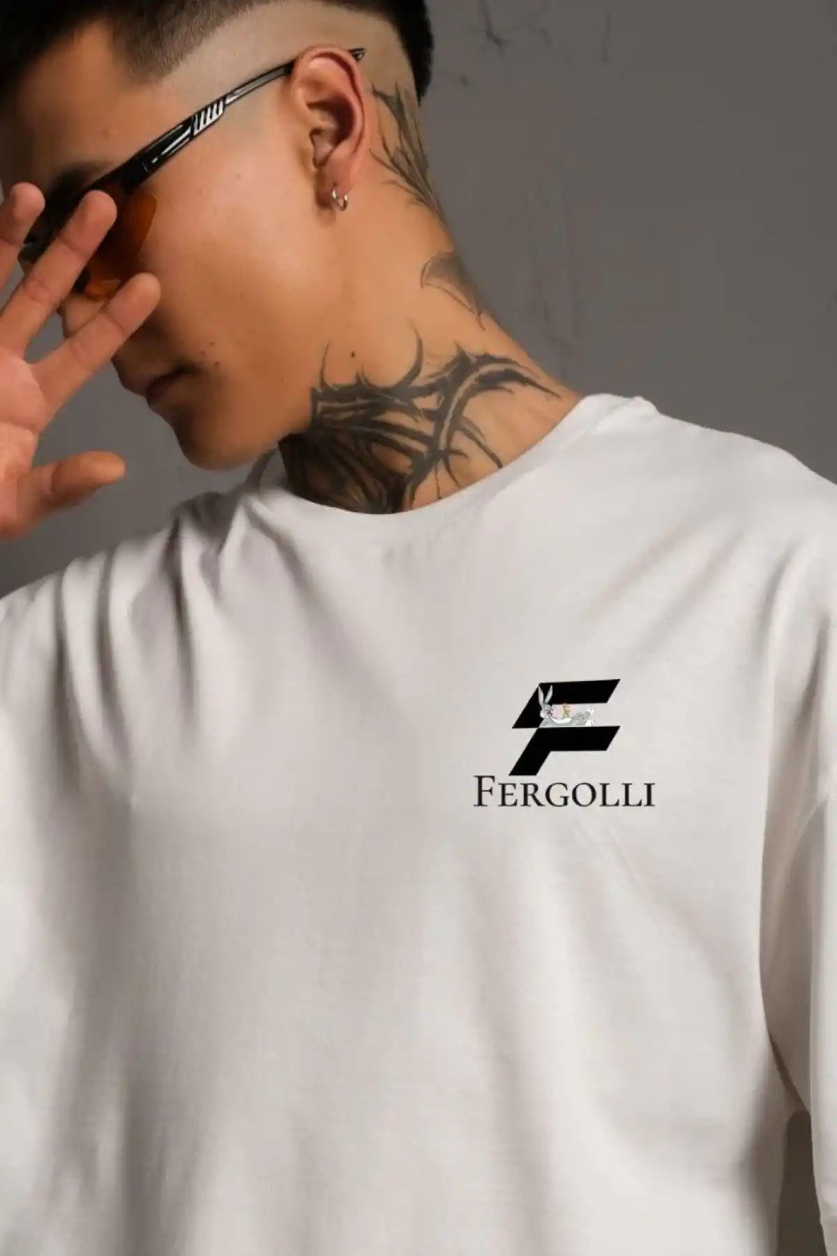 Erkek Bisiklet Yaka Baskılı Oversize T-Shirt - Beyaz