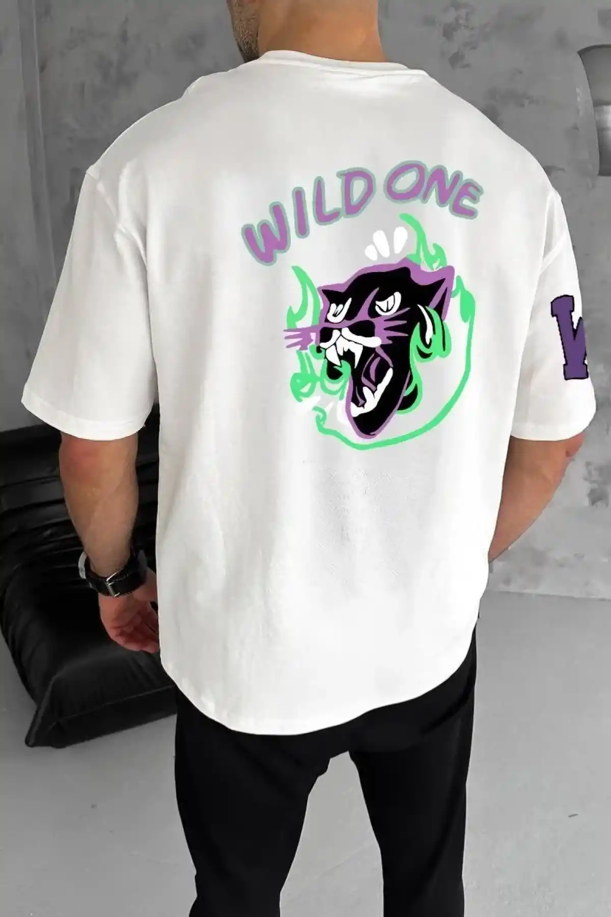 Erkek  Bisiklet Yaka Baskılı Oversize T-Shirt - Beyaz