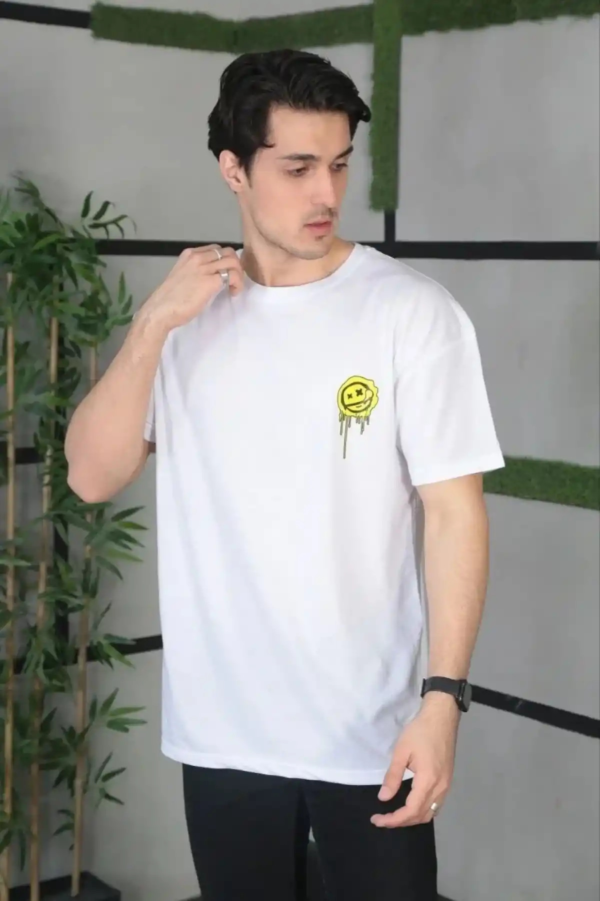 ERKEK Bisiklet Yaka Baskılı Oversize T-Shirt - Beyaz