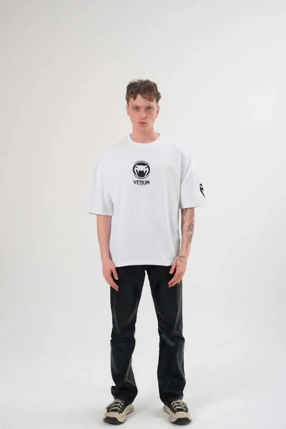 Erkek Bisiklet Yaka Baskılı Oversize T-Shirt - Beyaz