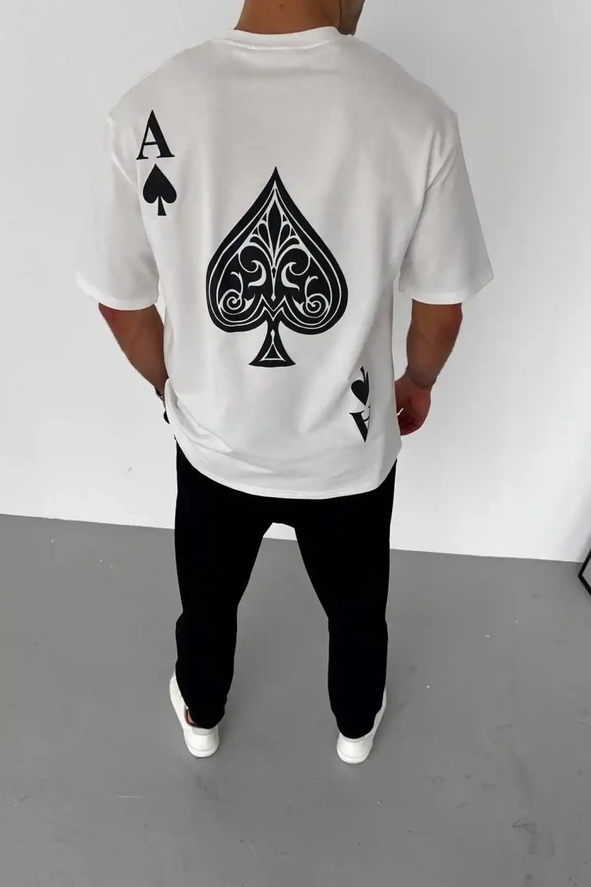 Erkek  Bisiklet Yaka Baskılı Oversize T-Shirt - Beyaz