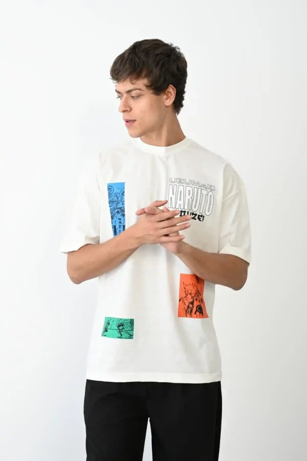 Erkek  Bisiklet Yaka Baskılı Oversize T-Shirt - Beyaz