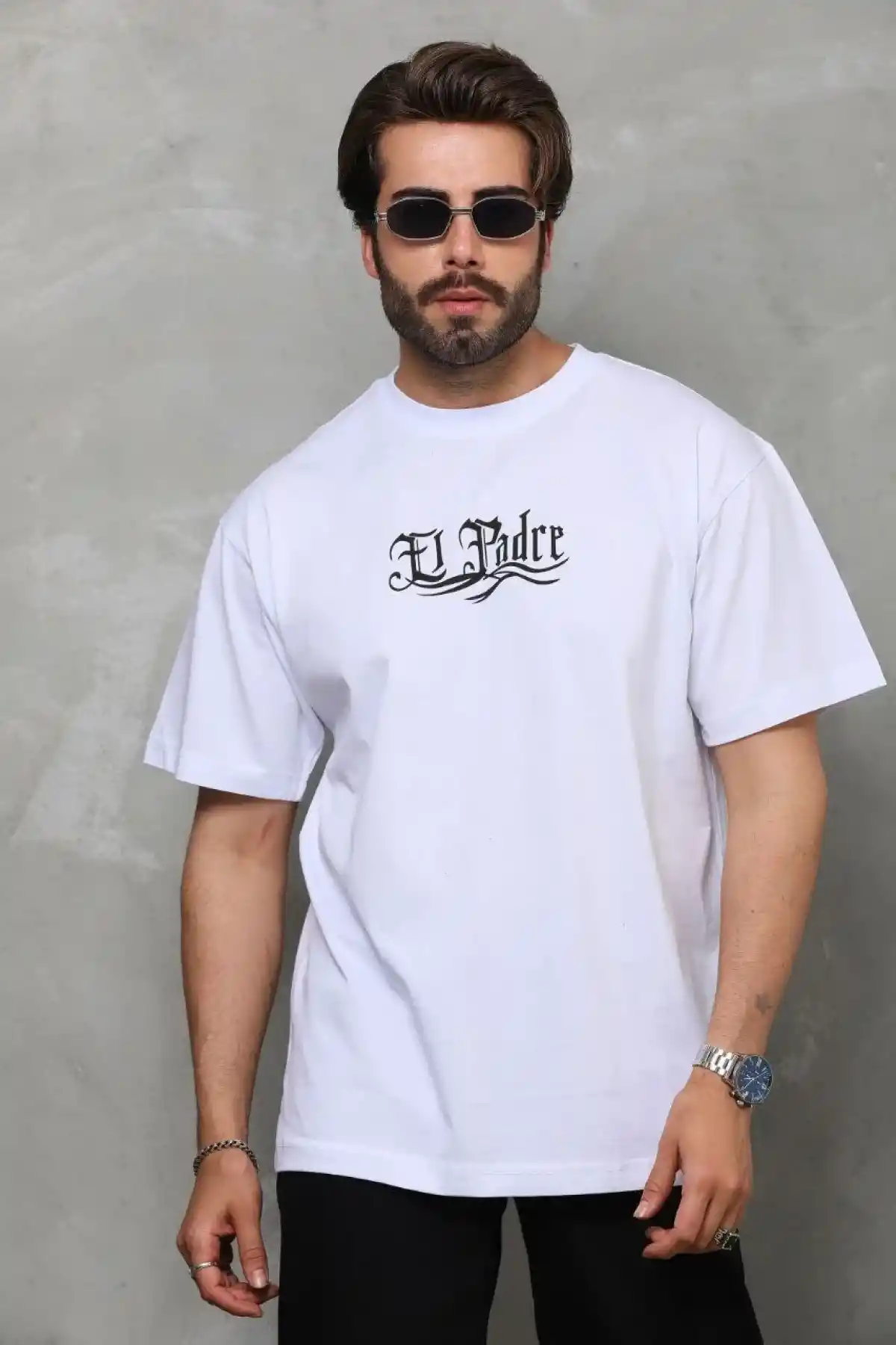 Erkek Bisiklet Yaka Baskılı Oversize T-Shirt - Beyaz