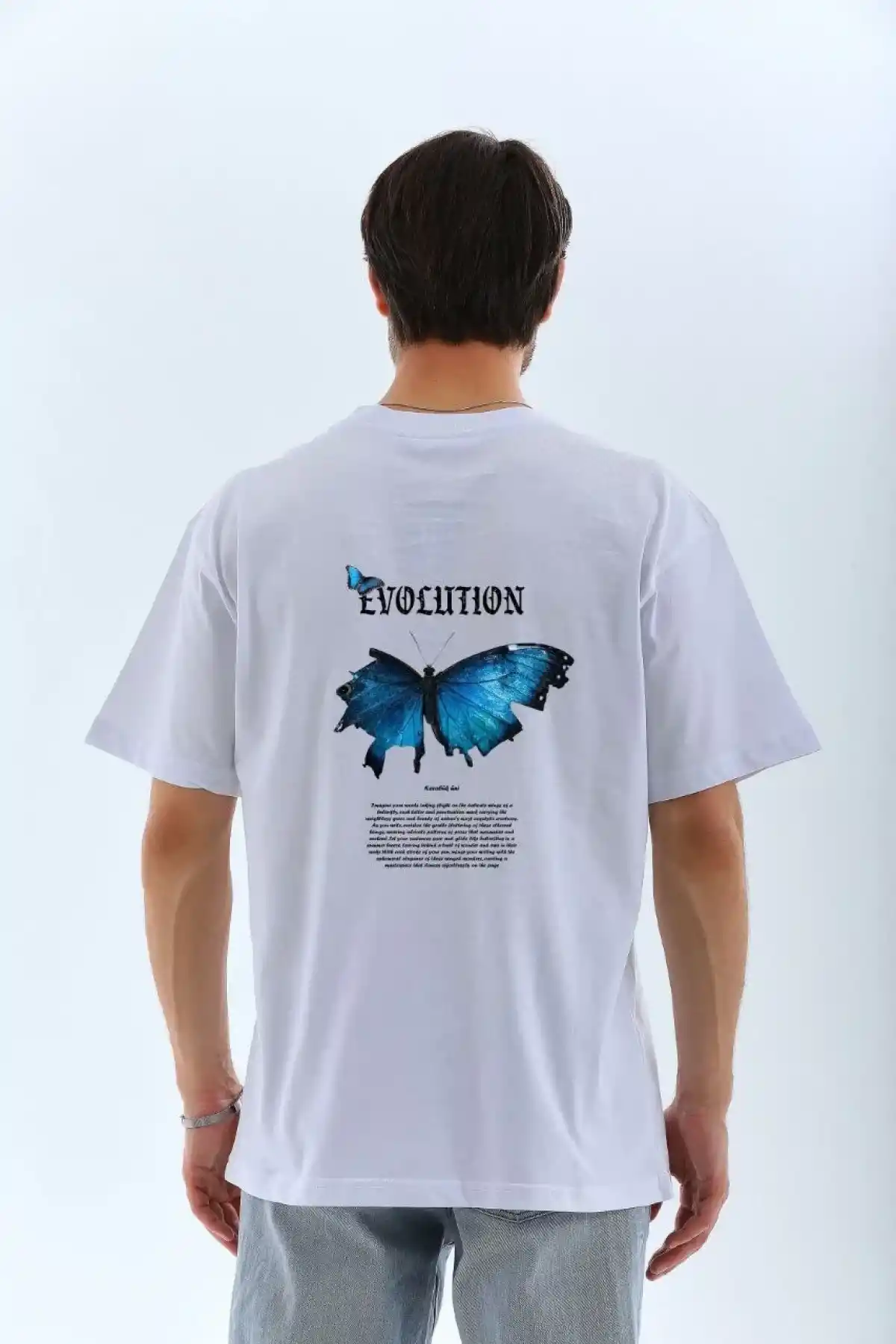 Erkek  Bisiklet Yaka Kelebek Baskılı Oversize T-Shirt - Beyaz