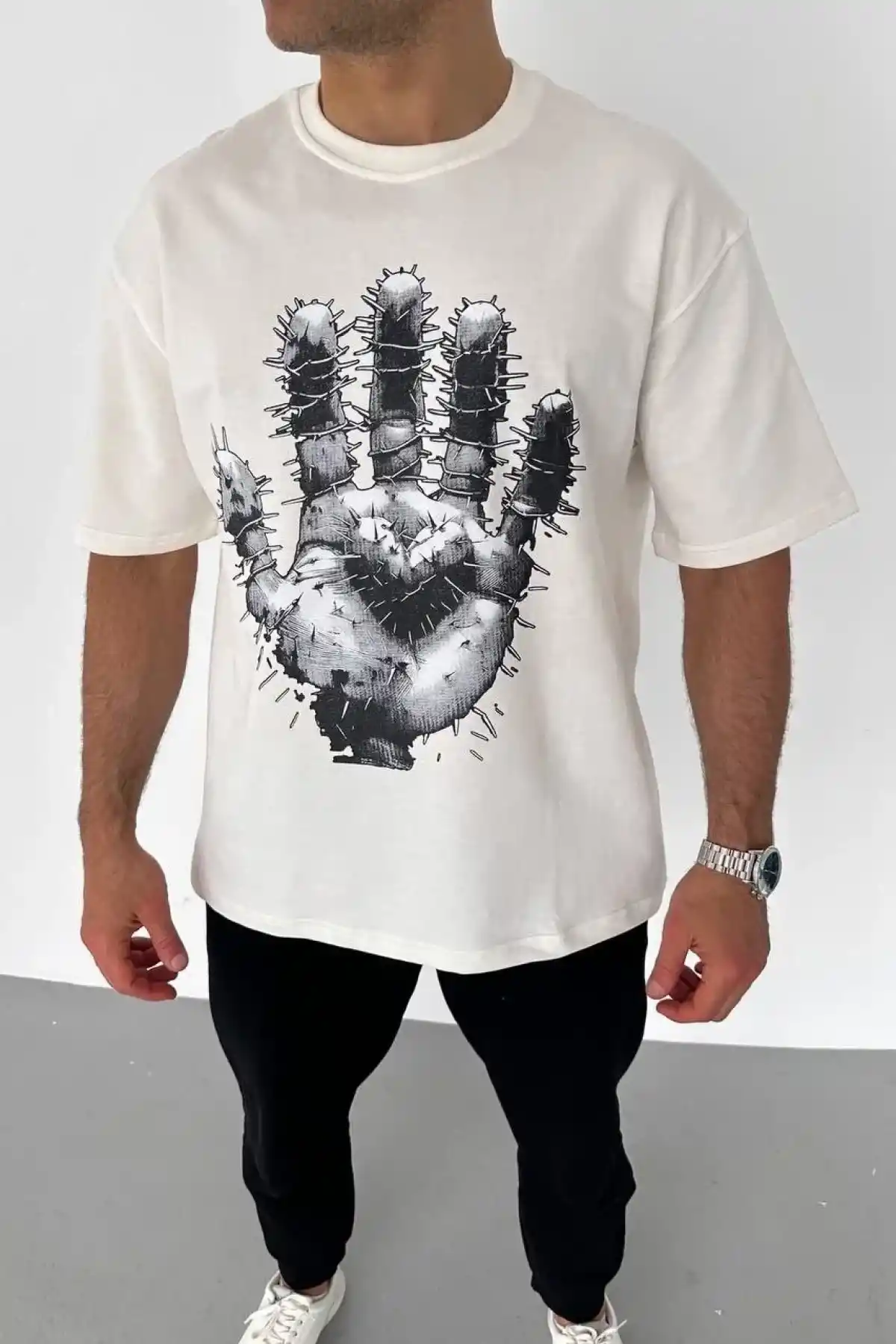 Erkek Bisiklet Yaka Baskılı Oversize T-Shirt - Beyaz