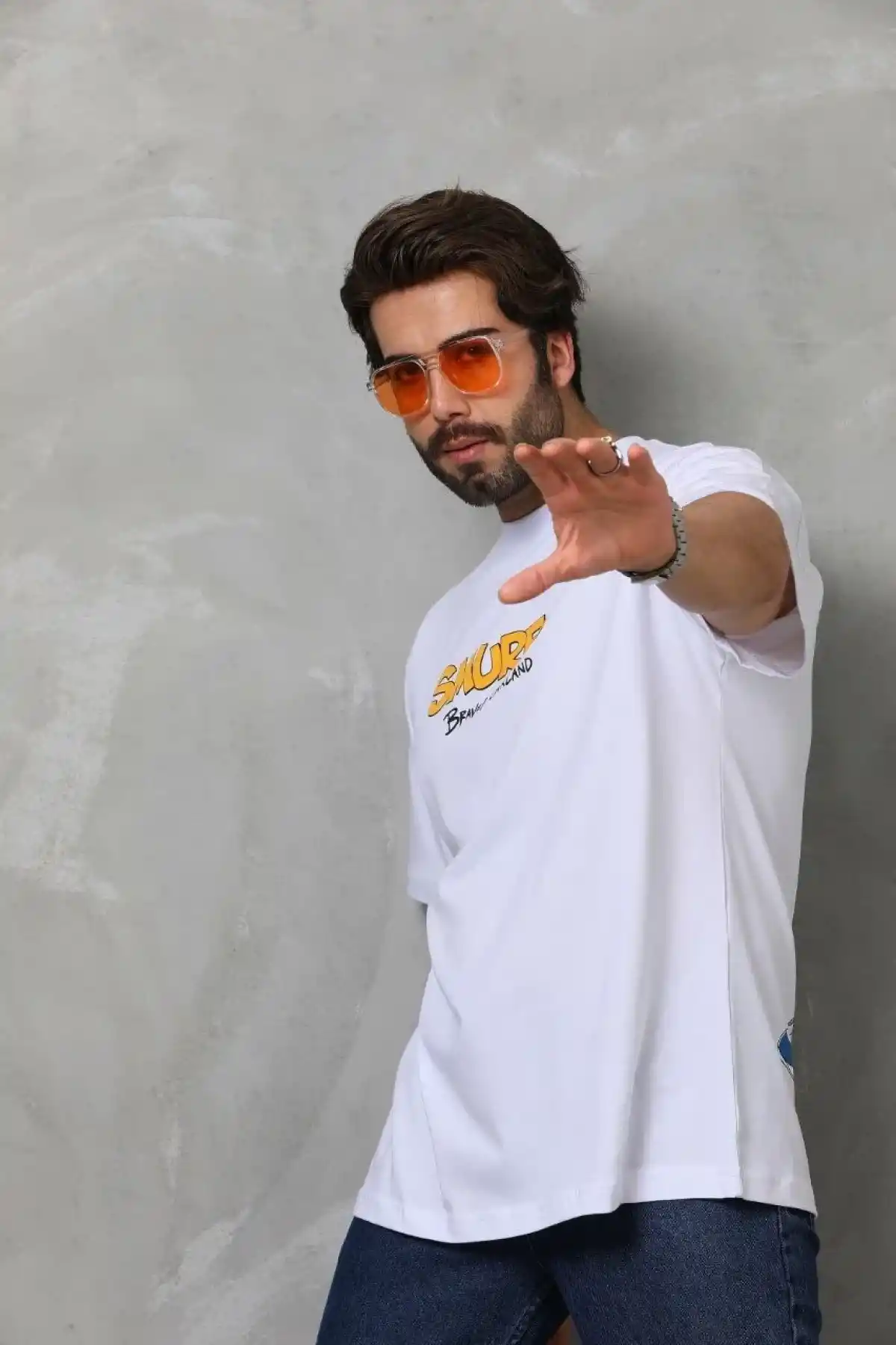 Erkek  Bisiklet Yaka Baskılı Oversize T-Shirt - Beyaz