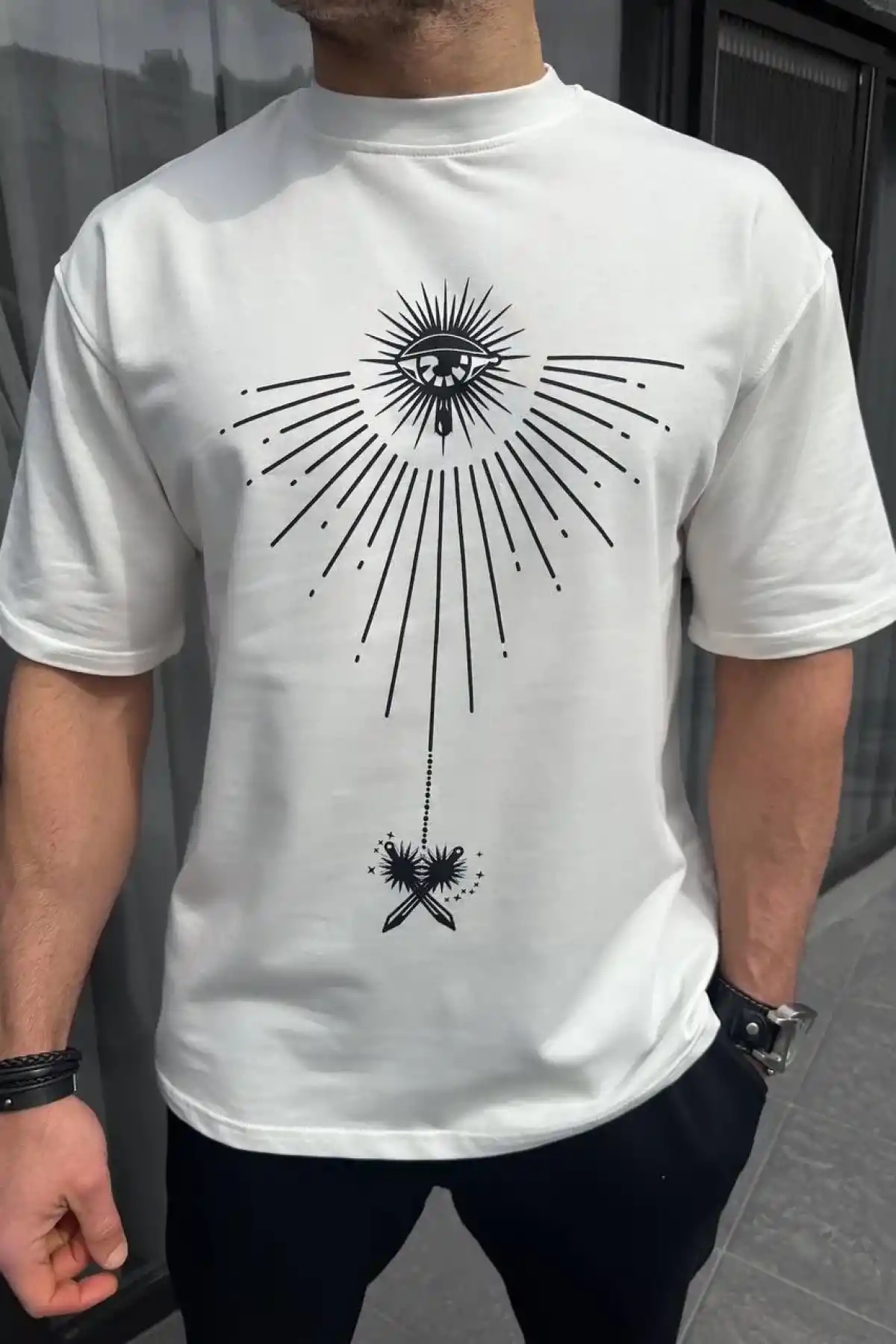 ERKEK  Bisiklet Yaka Baskılı Oversize T-Shirt - Beyaz